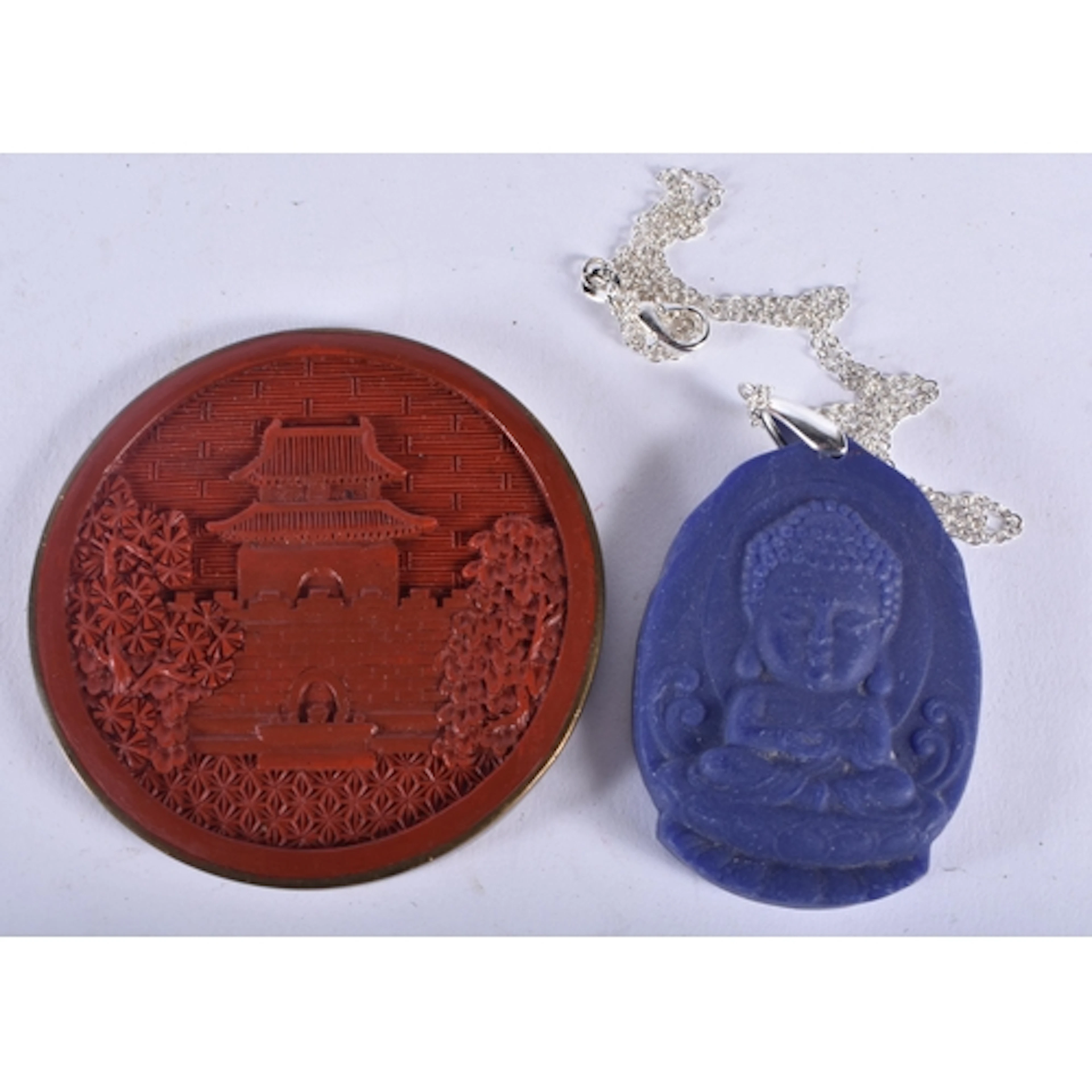 A small Chinese brass bound cinnabar plaque together with a ...