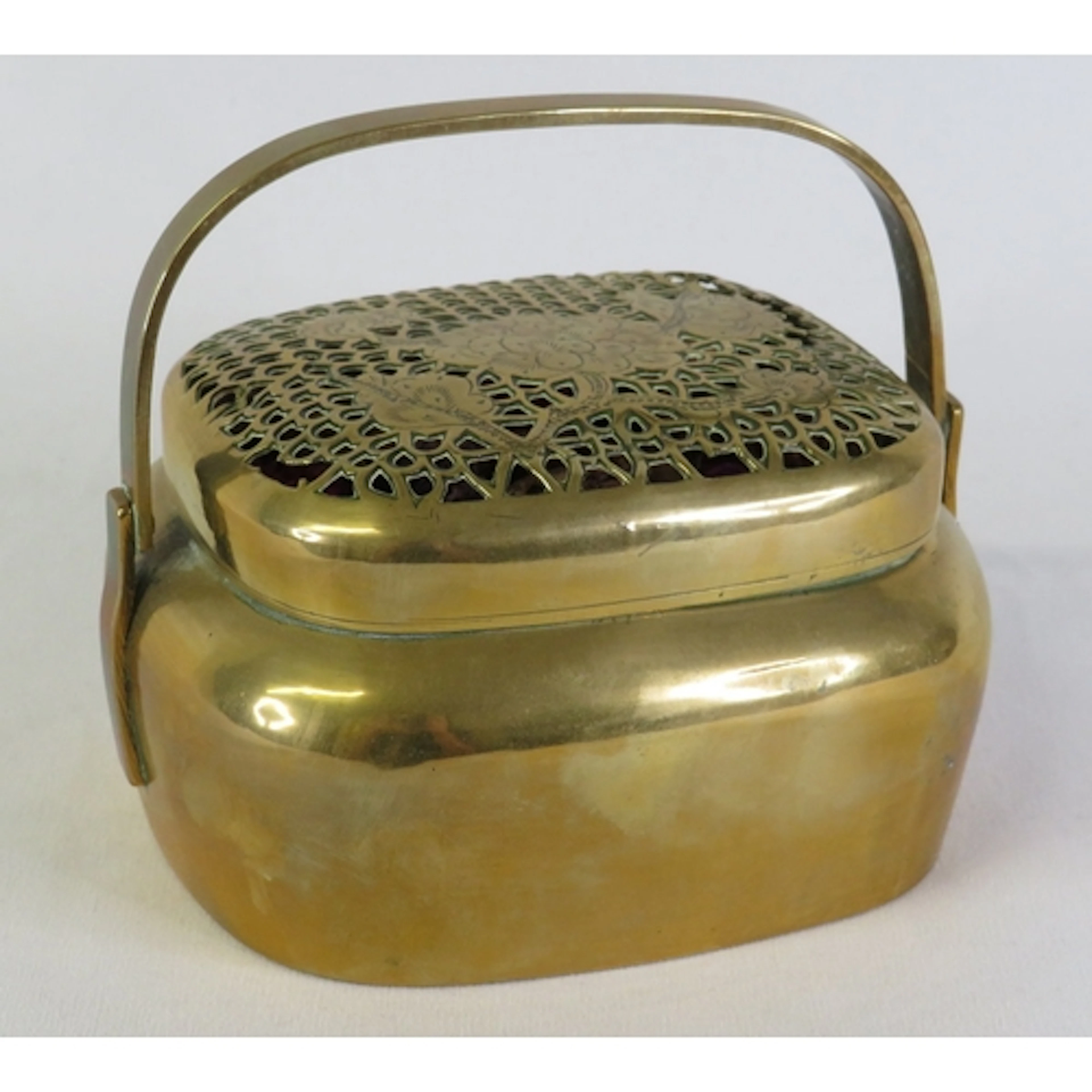 Chinese Brass Hand Warmer, reticulated floral cover approx. ...