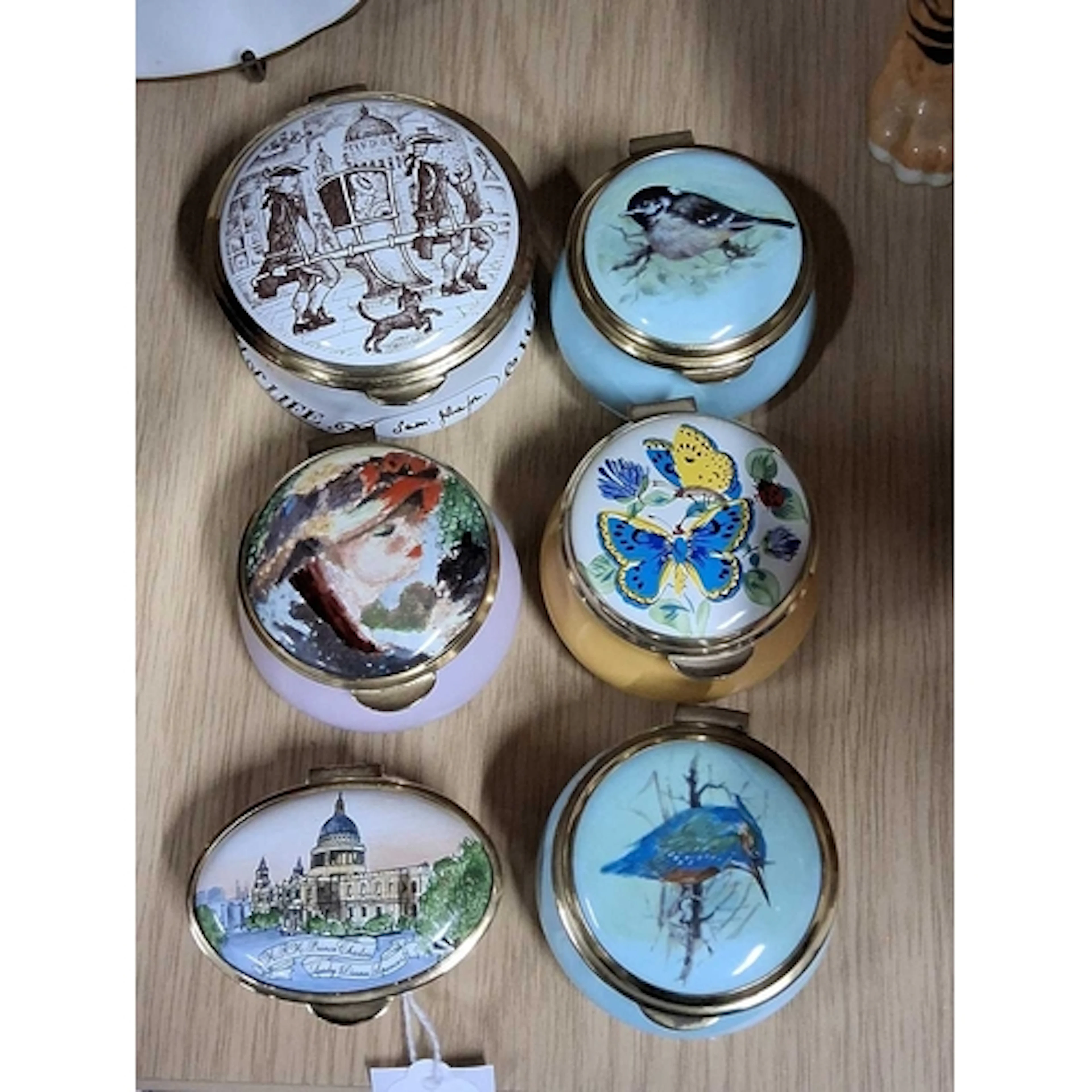 SIX OLD HALL/STAFFORDSHIRE ENAMEL TRINKET BOXES, comprising ...