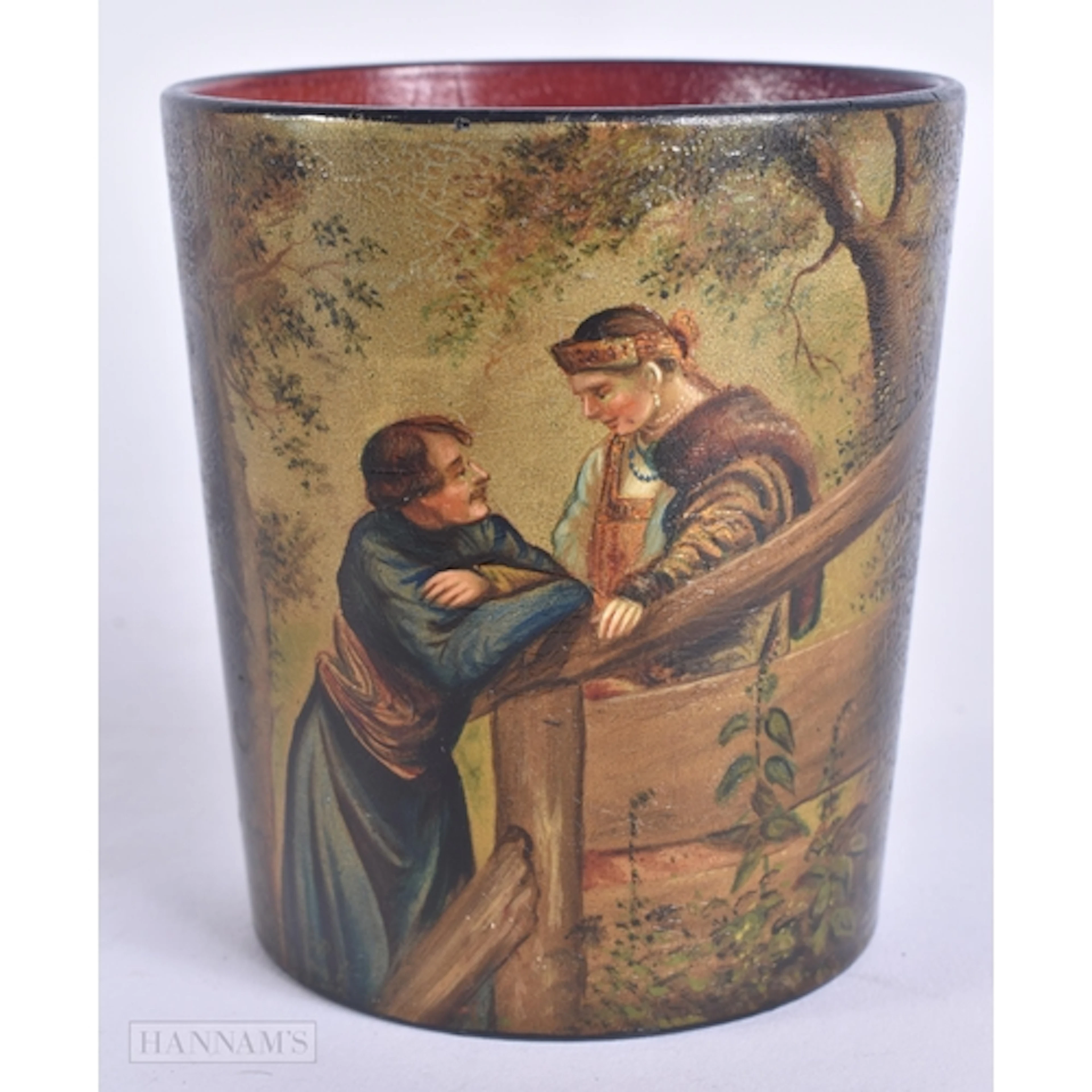 AN UNUSUAL ANTIQUE RUSSIAN BLACK LACQUER BEAKER painted with...