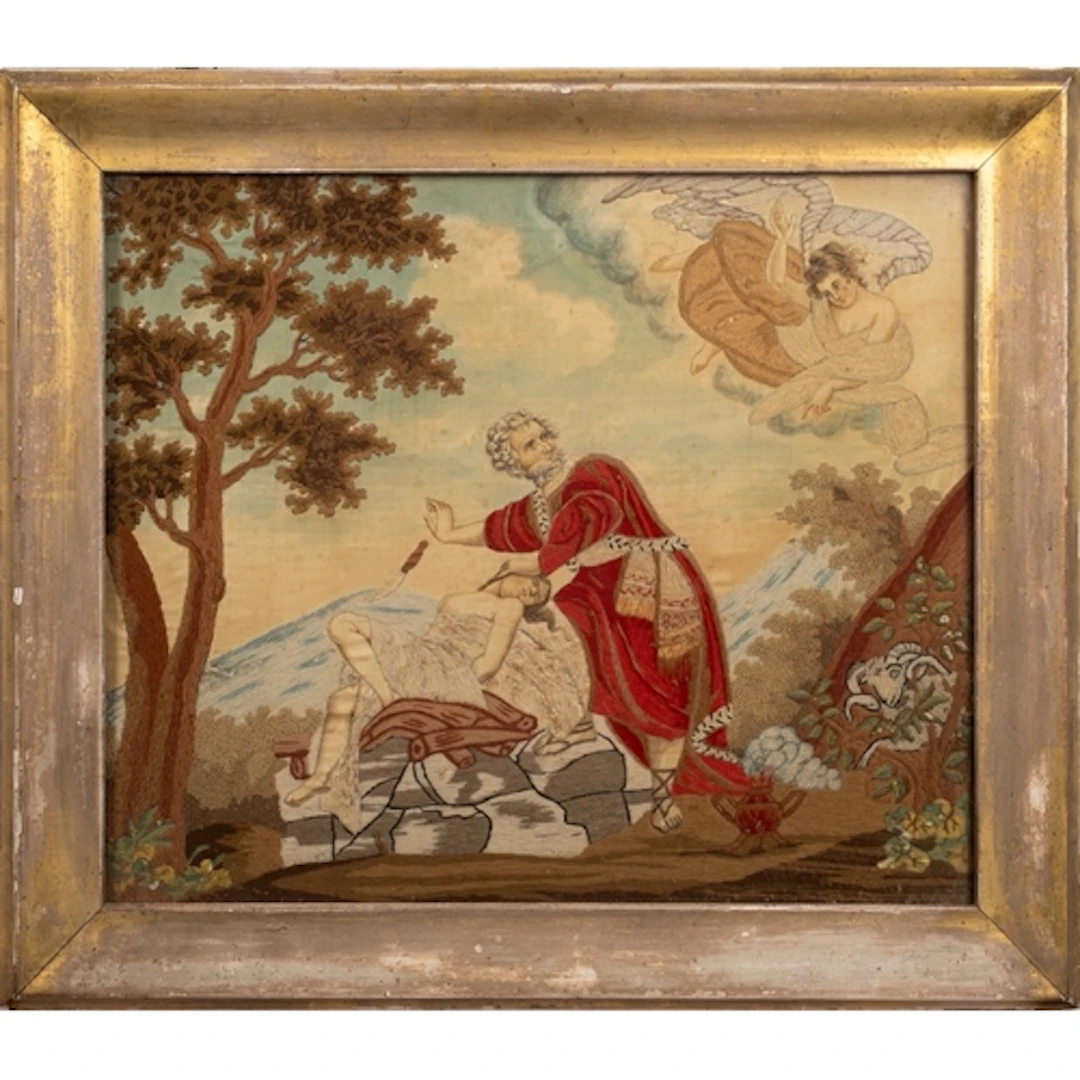 A George III silkwork embroidery depicting Abraham and Isaac...