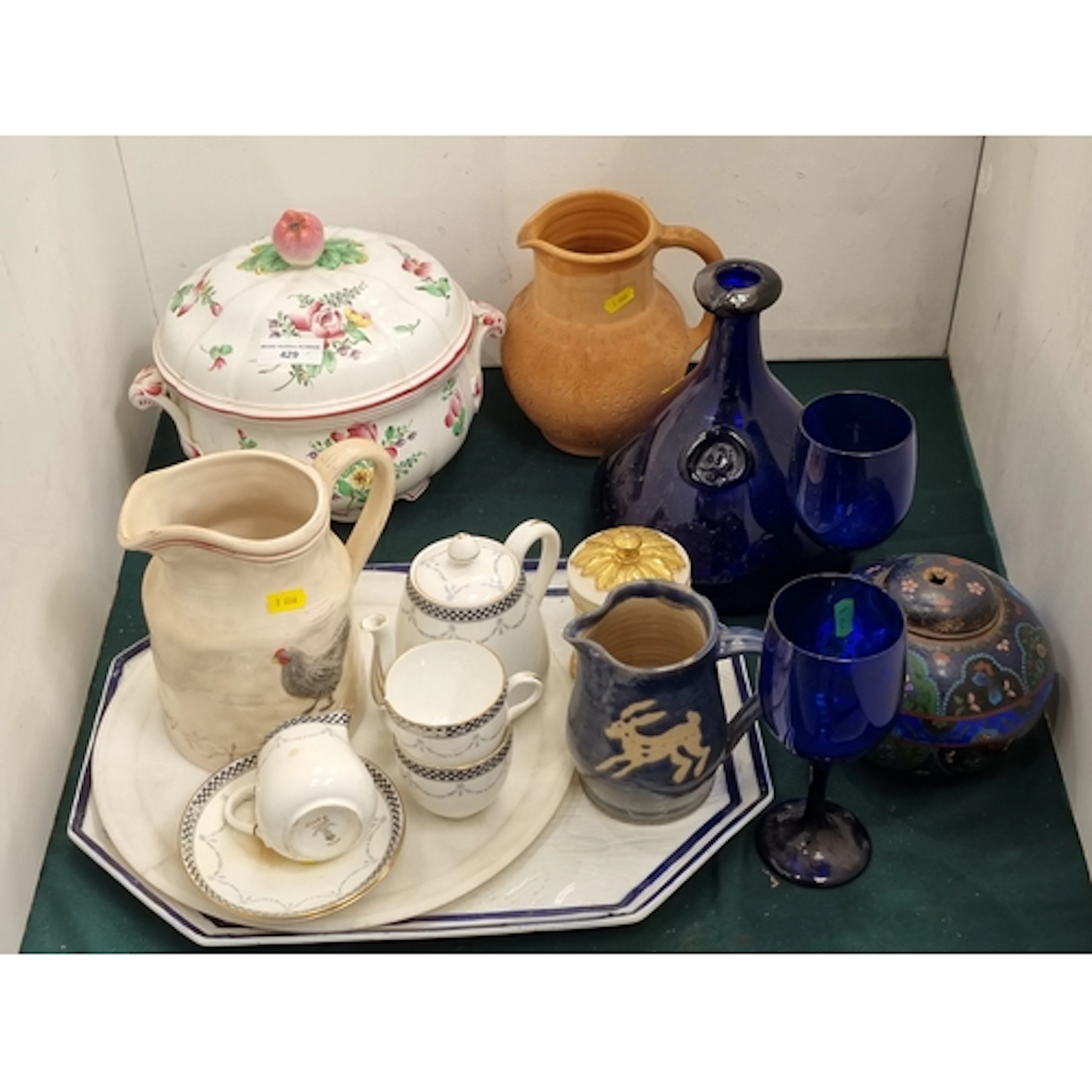 An Art Pottery Jug, a cloisonne Bowl, cover A/F, a Bristol ...