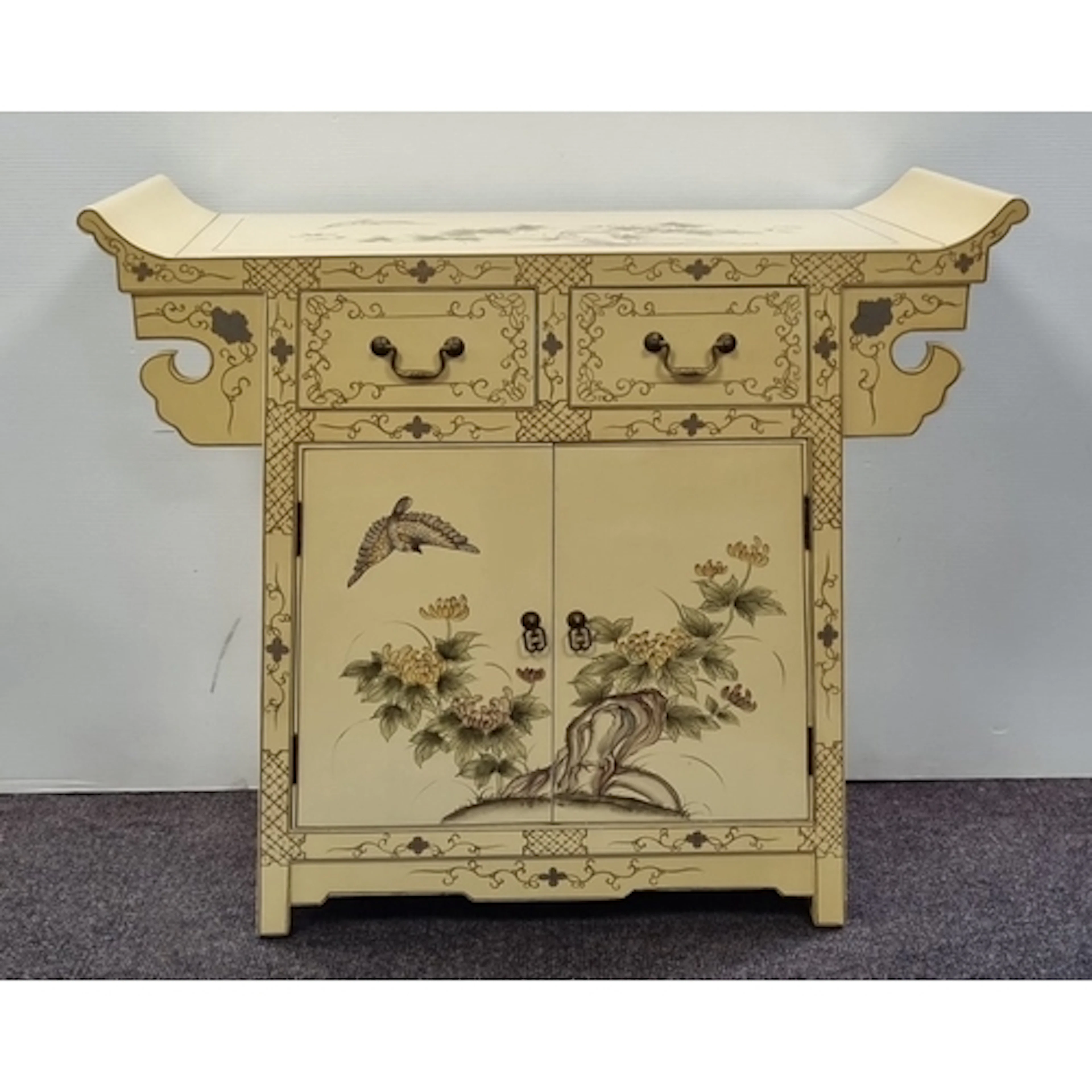 Cream Chinoiserie-style cabinet with two drawers and lower c...