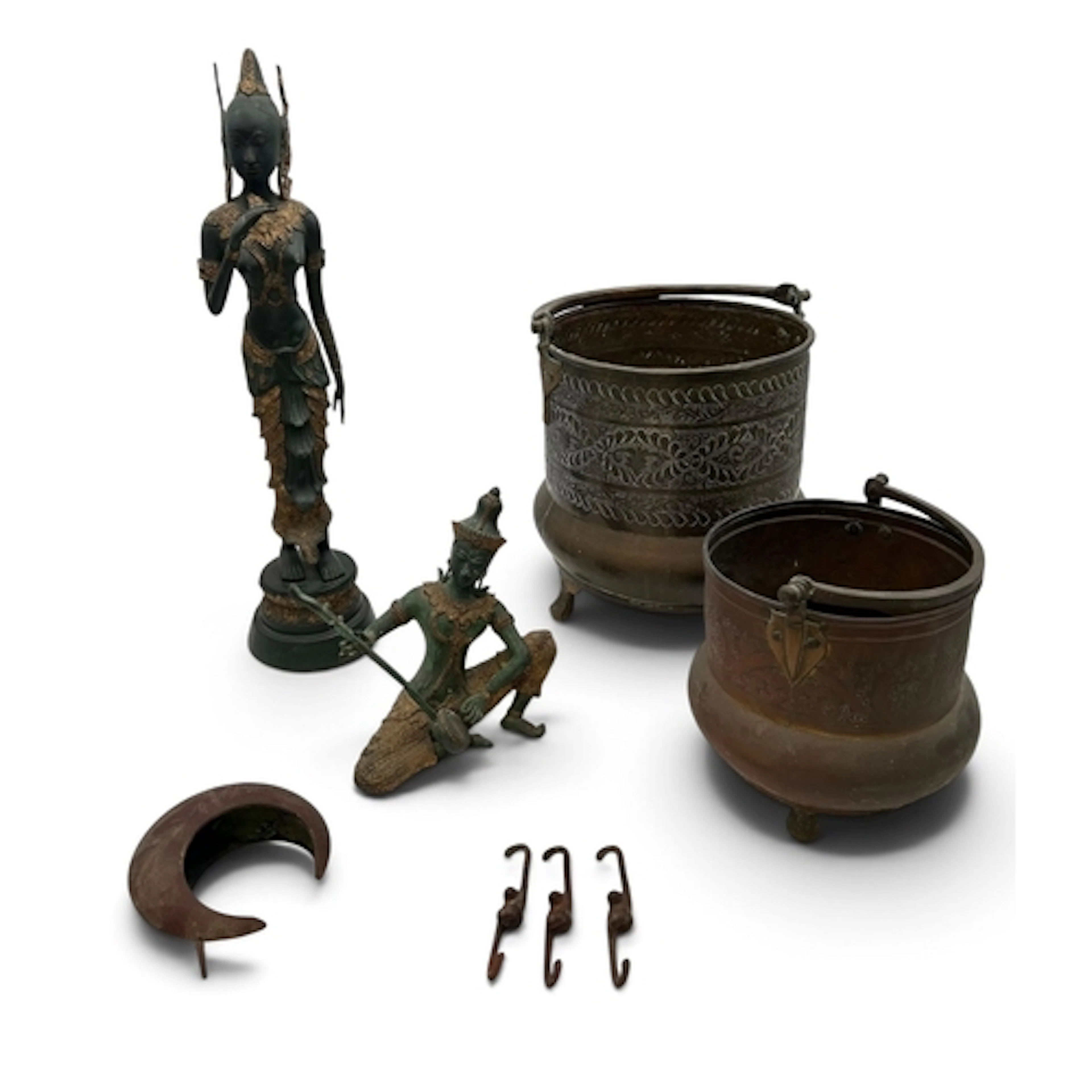 TWO THAI BRONZE BUDDHAS TOGETHER WITH TWO BRASS BUCKETS Larg...