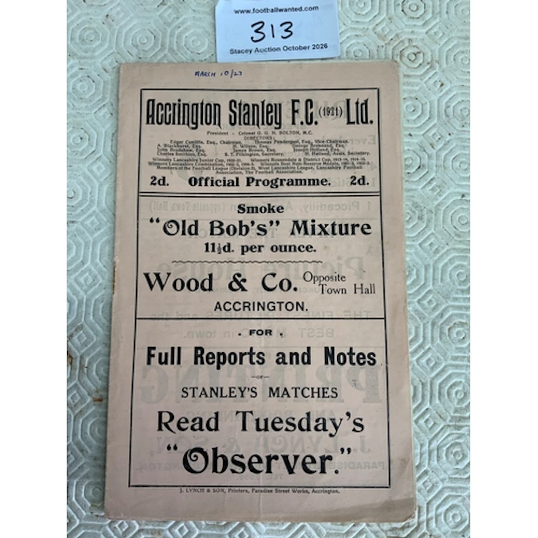 1922 - 1923 Accrington Stanley v Hartlepool Football Program...