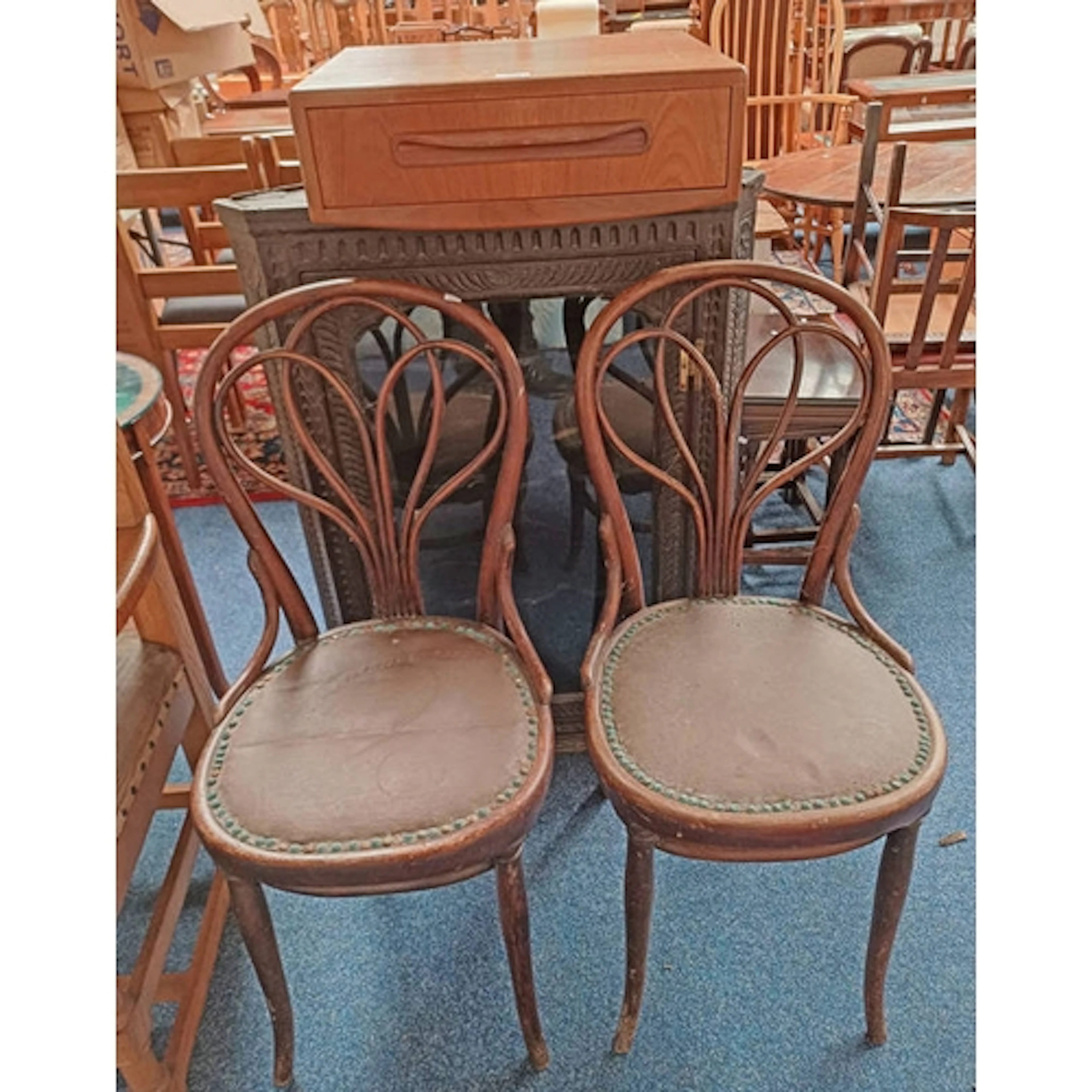 PAIR OF THONET BENTWOOD HAND CHAIRS, CARVED WALL HANGING COR...