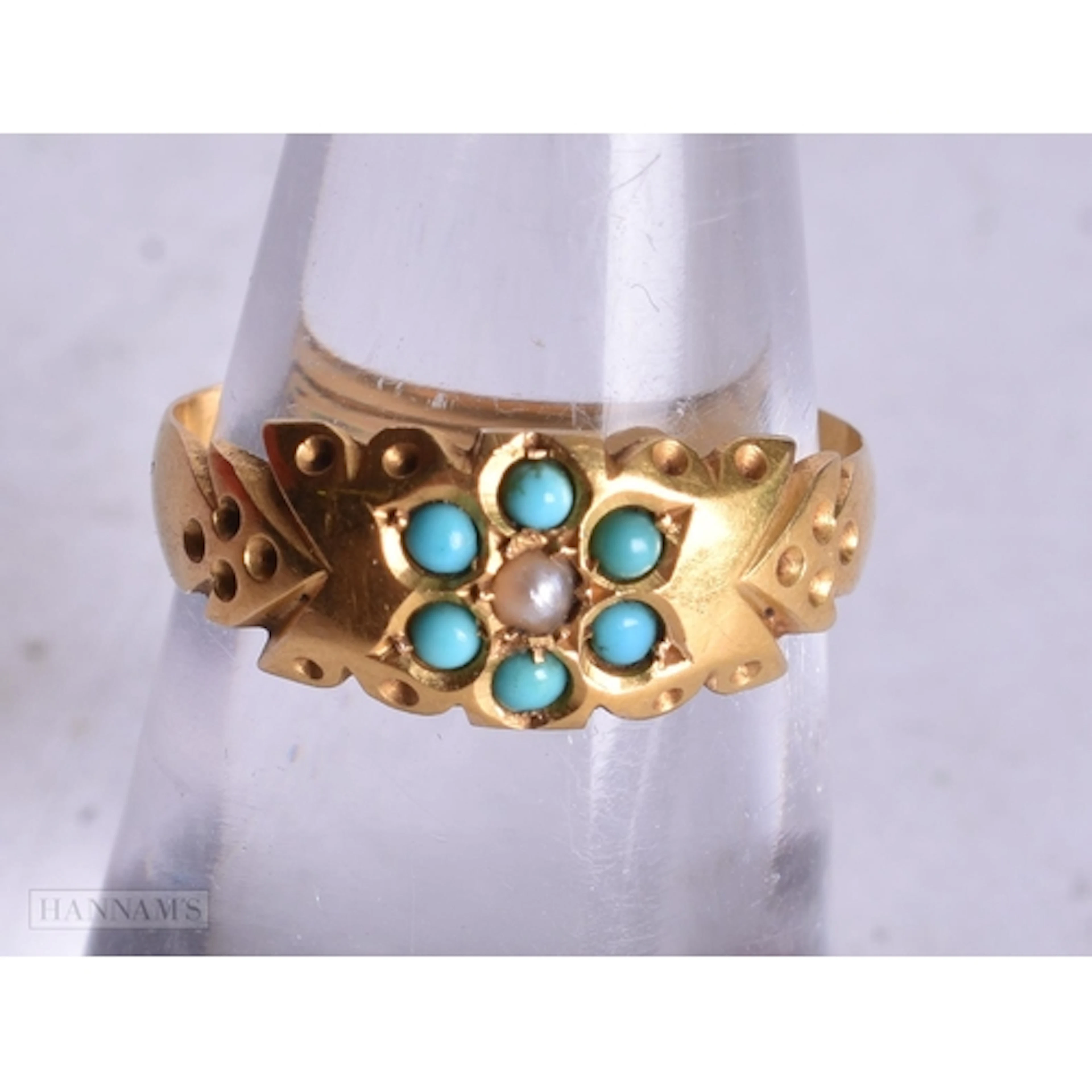 18ct gold antique turquoise split pearl cluster ring (2.4g)....