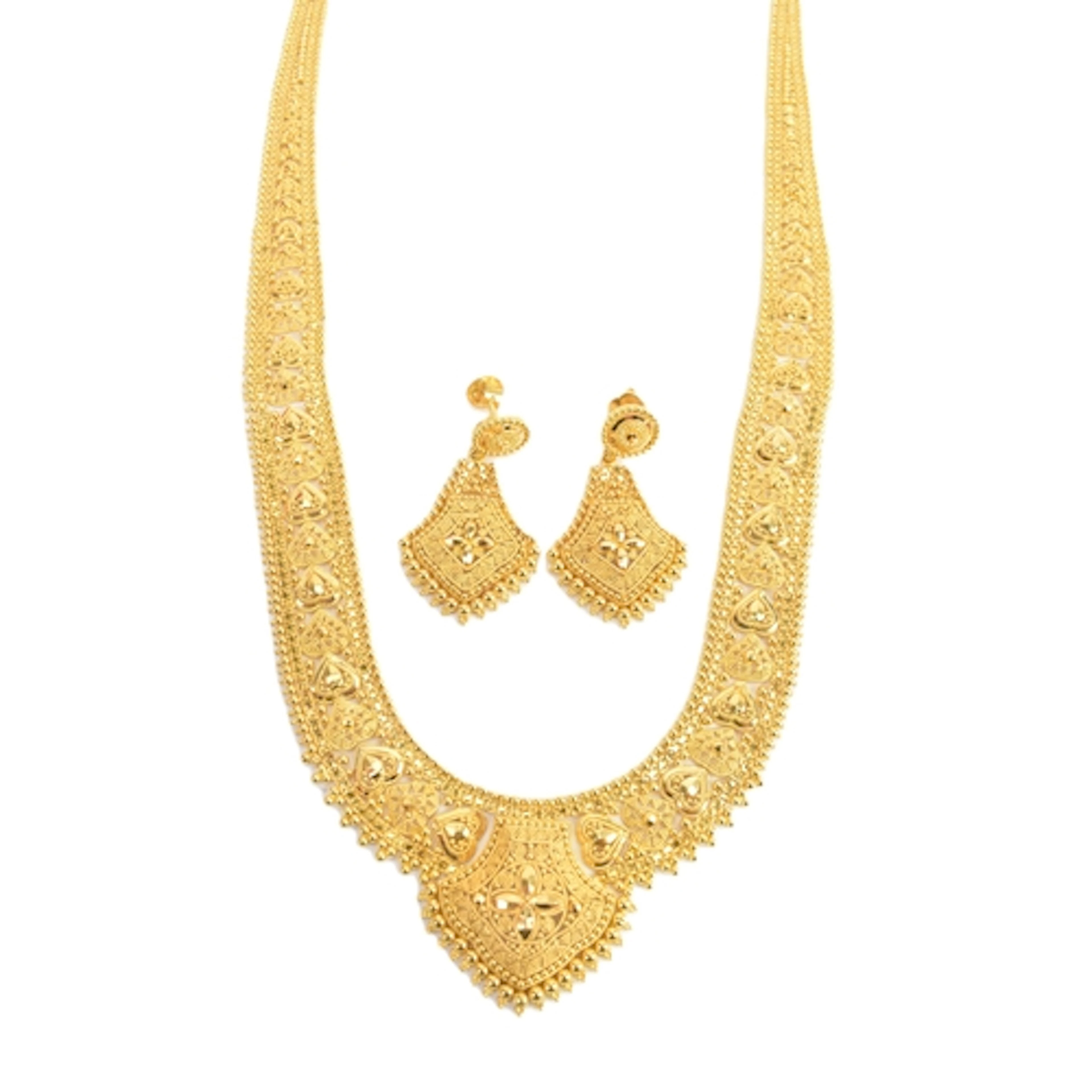 A yellow gold filigree necklace and matching pair of drop ea...