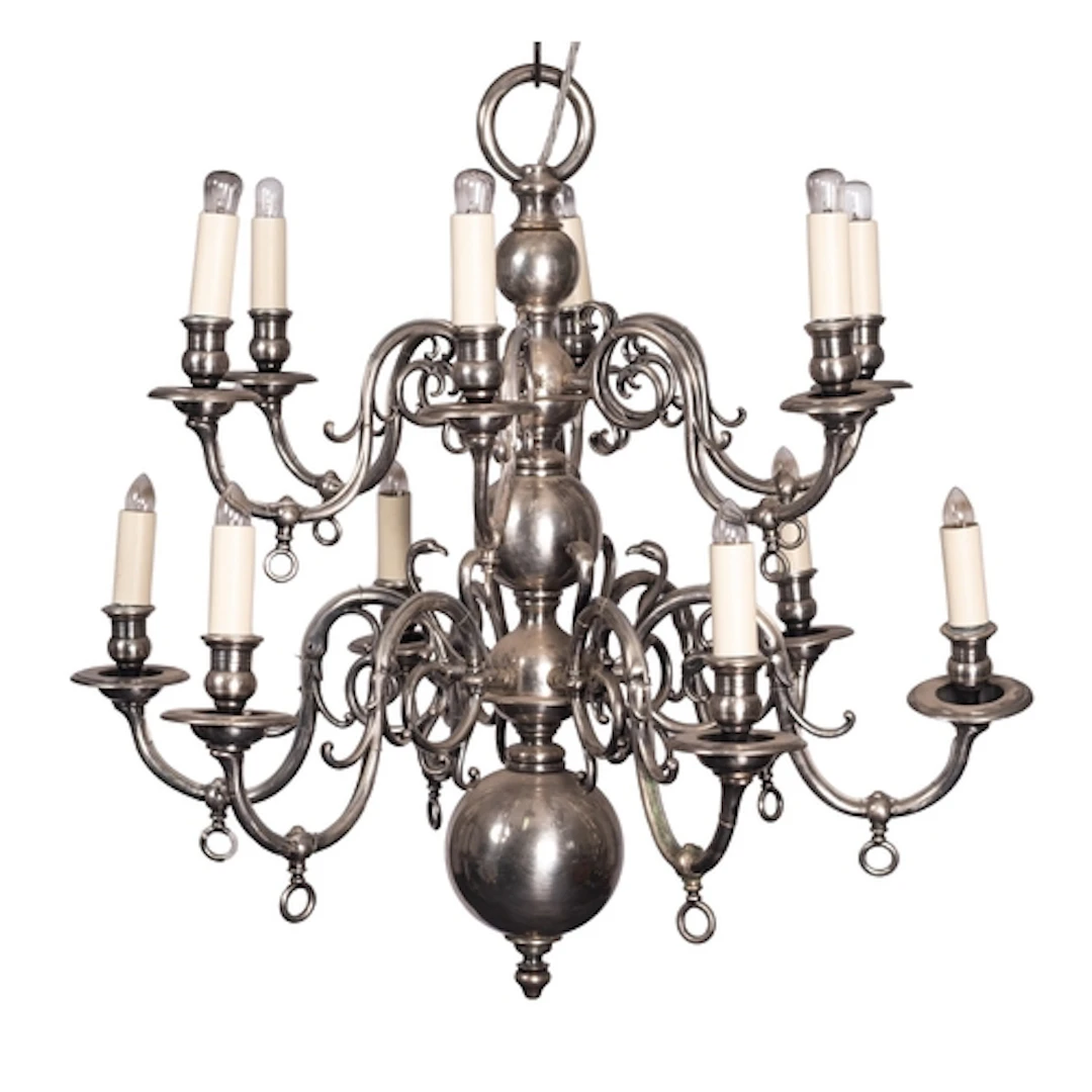 A silvered brass twelve light gasolier in Dutch early 18th c...