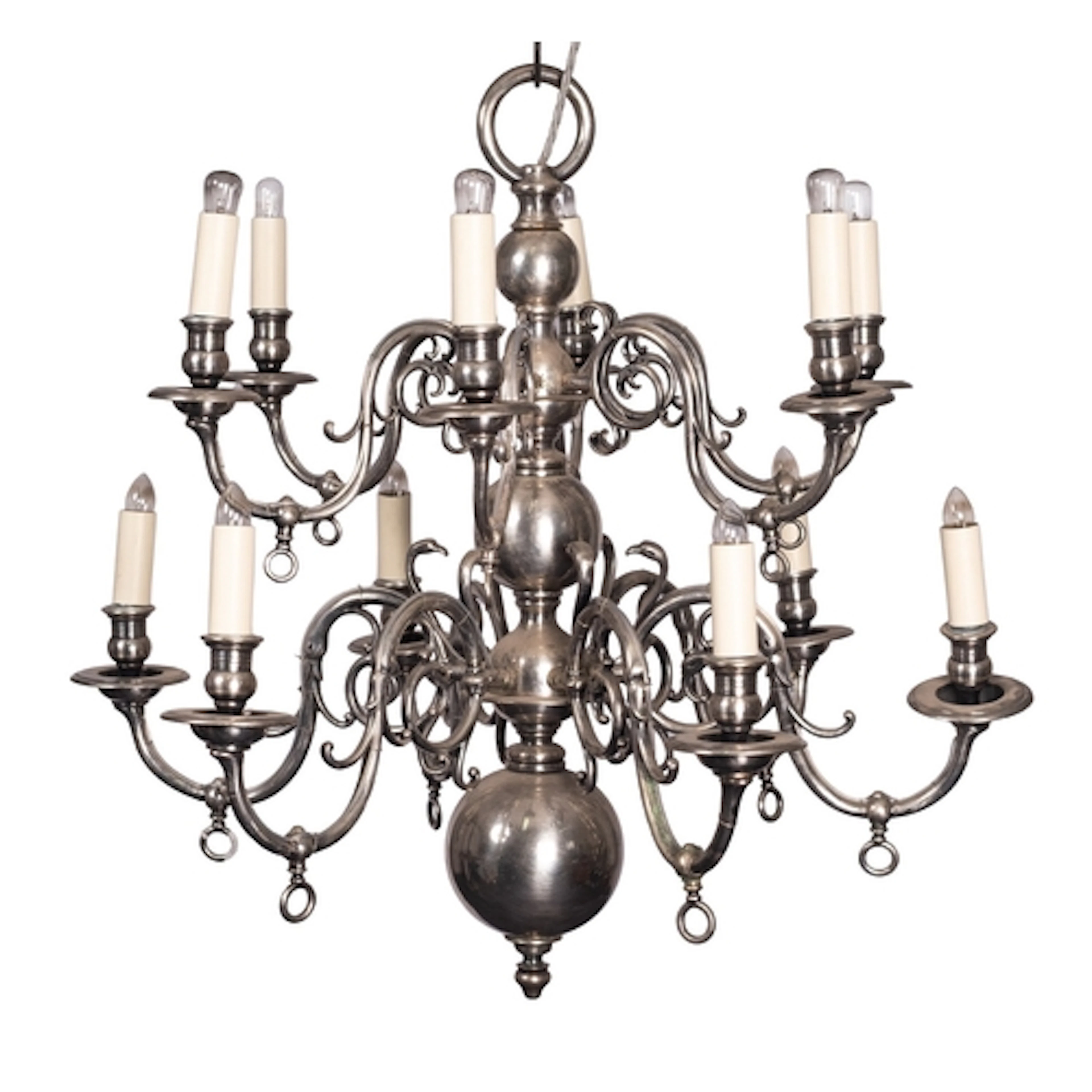 A silvered brass twelve light gasolier in Dutch early 18th c...