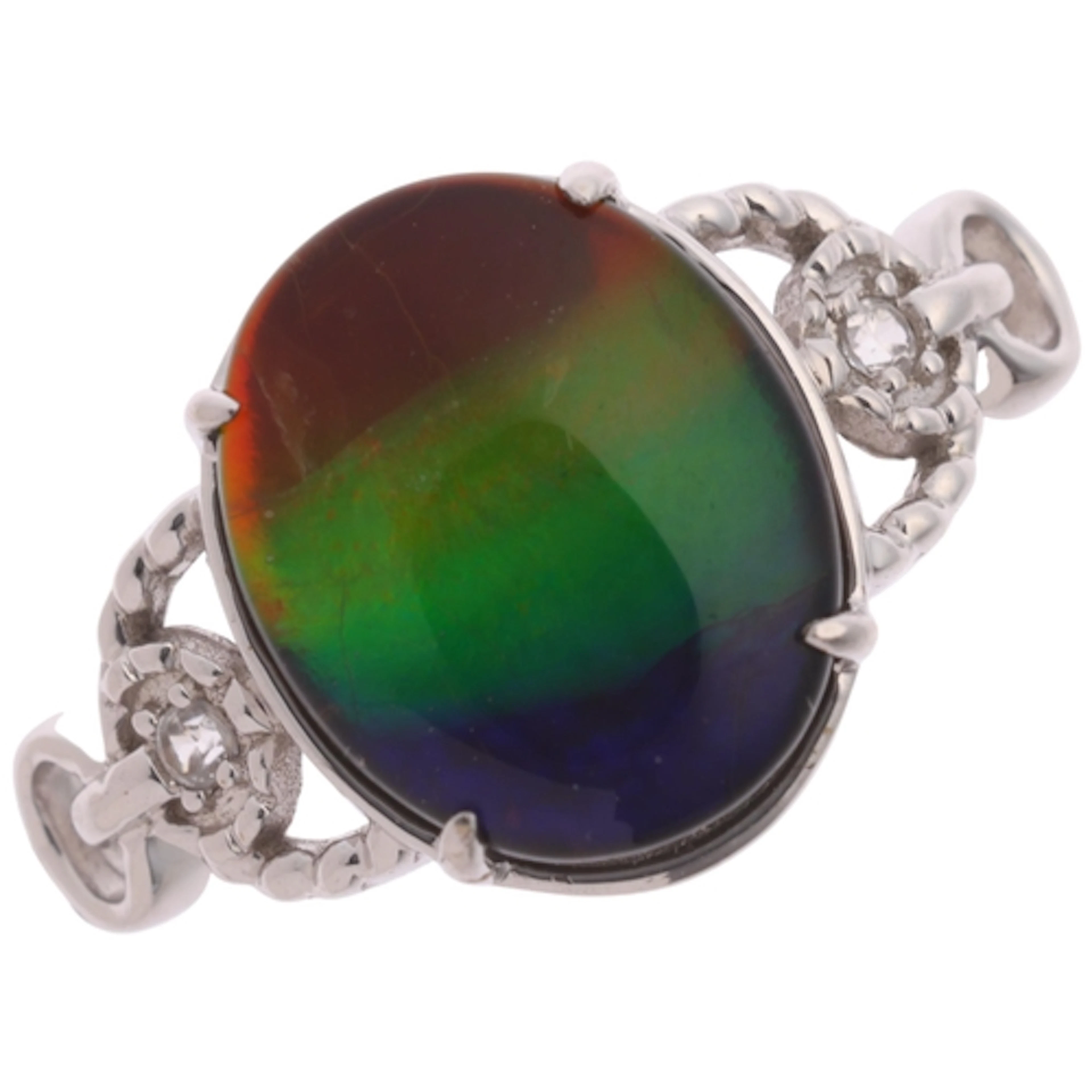 A 9ct white gold ammolite and white zircon dress ring, Gempo...