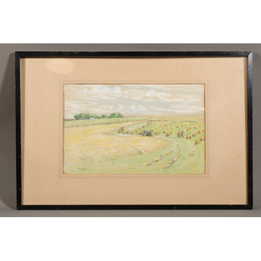 19TH CENTURY SCHOOL, the harvest, mixed media painting, sign...