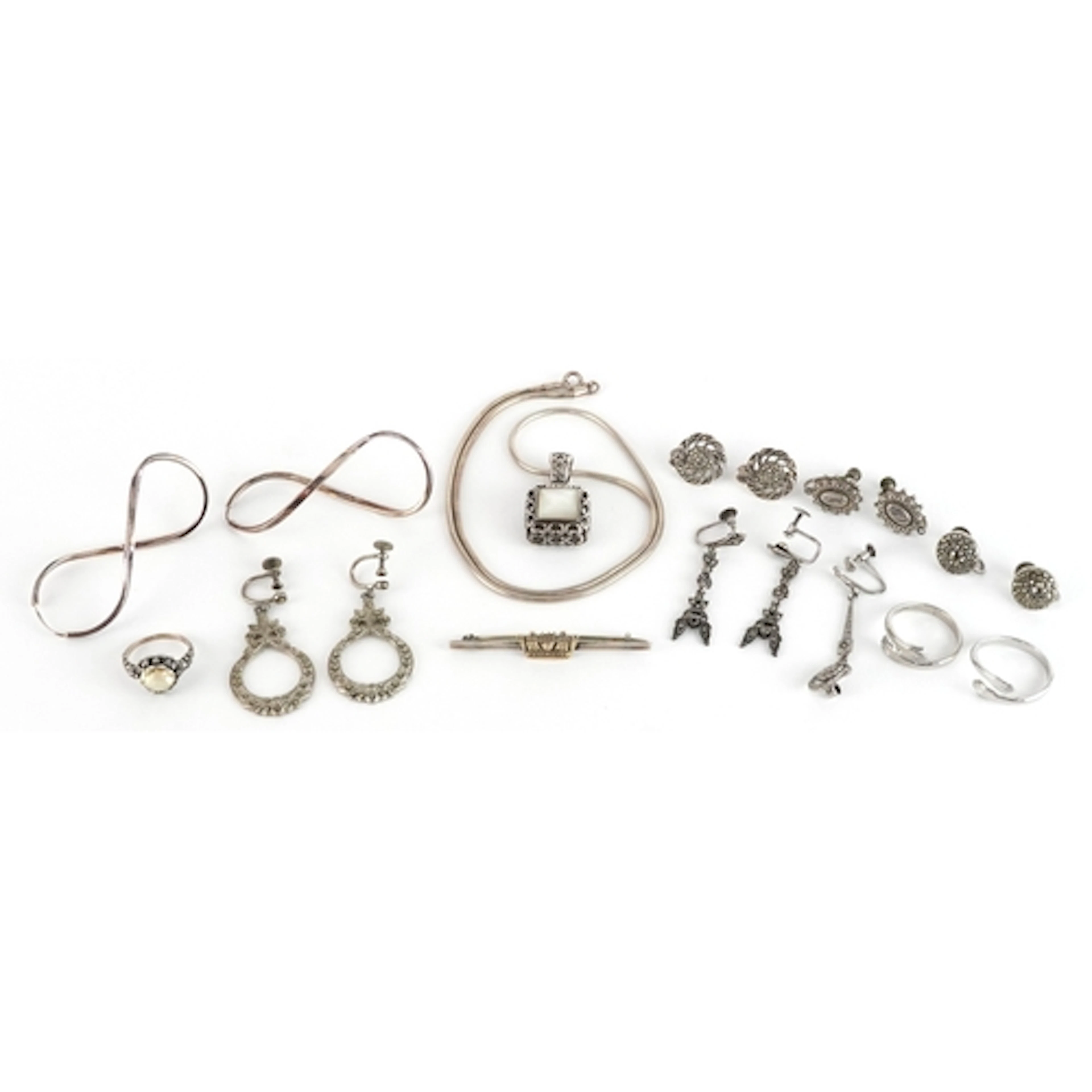 Antique and later silver jewellery including a Royal Navy sw...