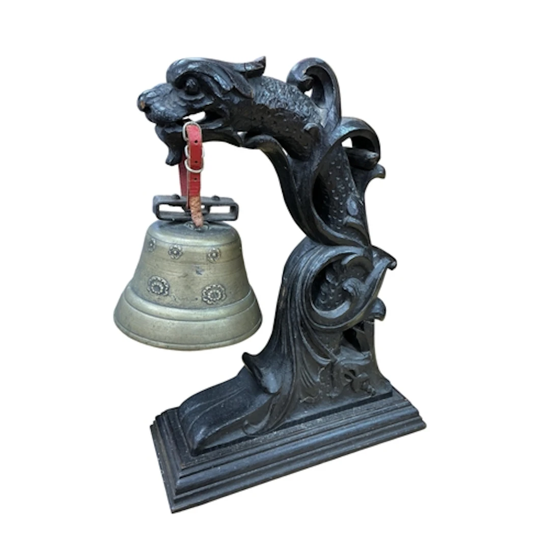 A Chinese carved hardwood and bronze dragon temple bell, hei...
