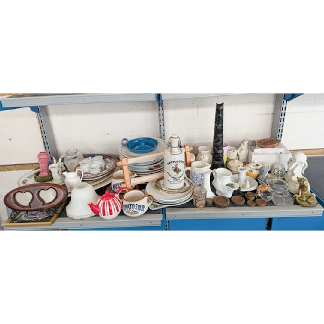 Collectables to include tribal ornament, china meat plates, ...