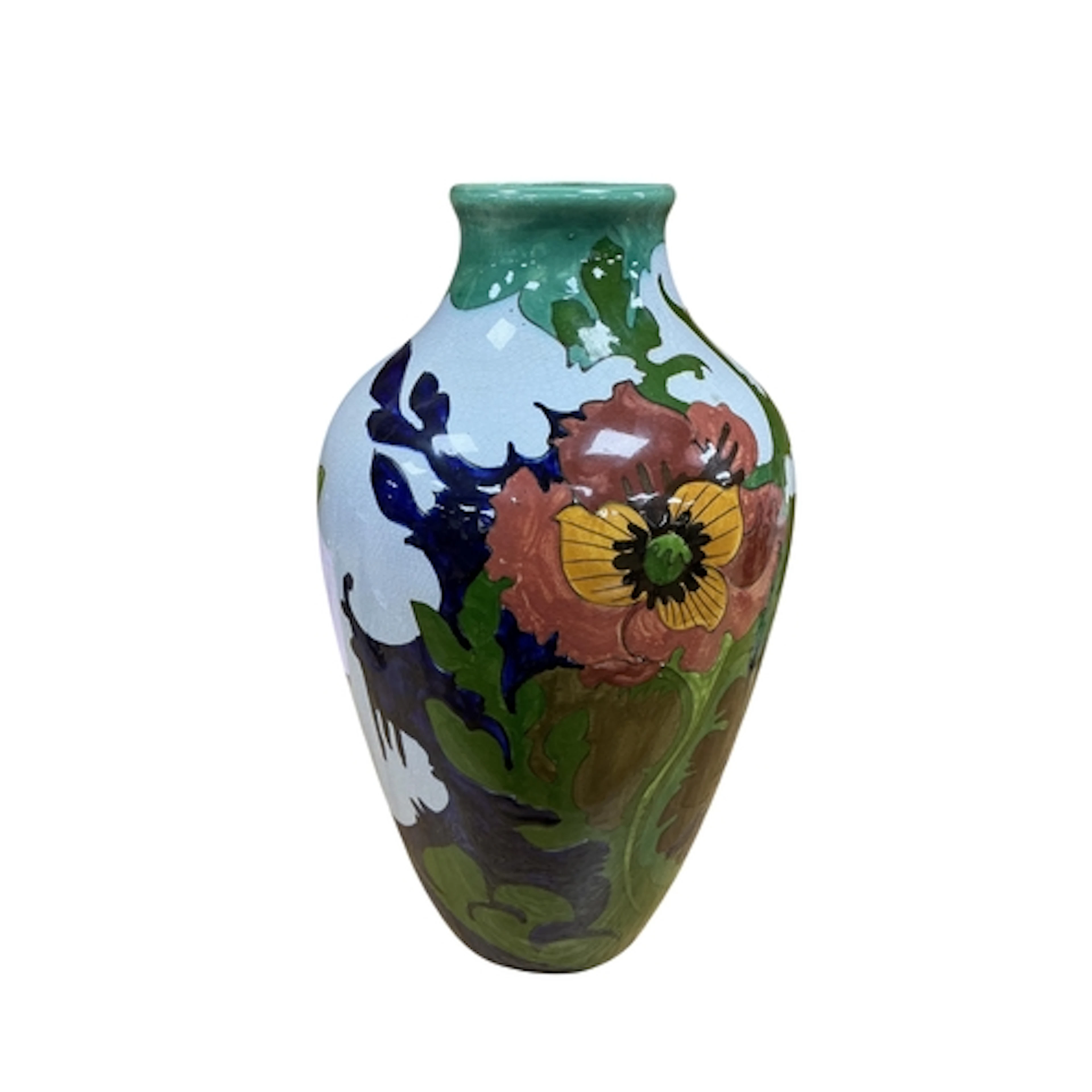 A Gouda pottery vase painted with flower heads and butterfli...