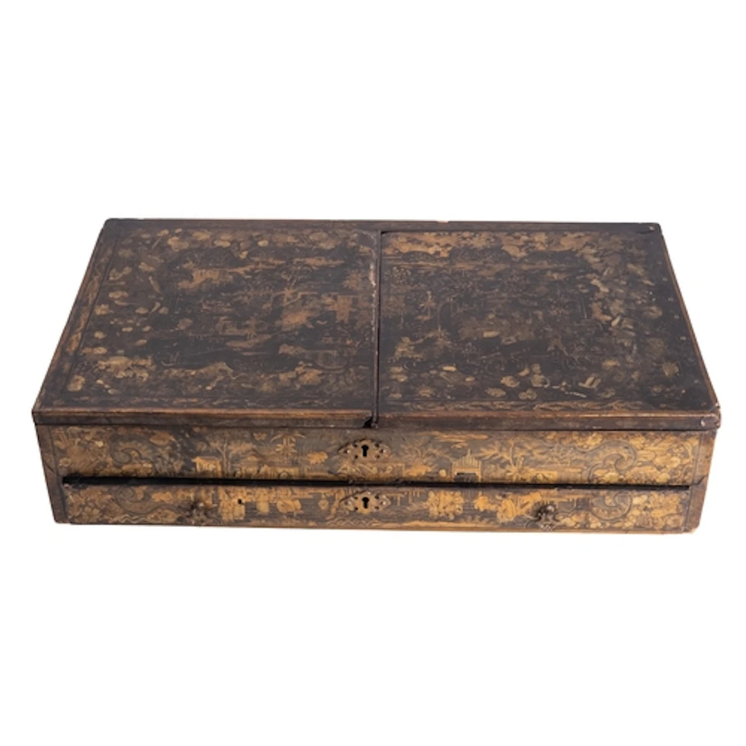 A Chinese black lacquered and parcel gilt writing box; late ...