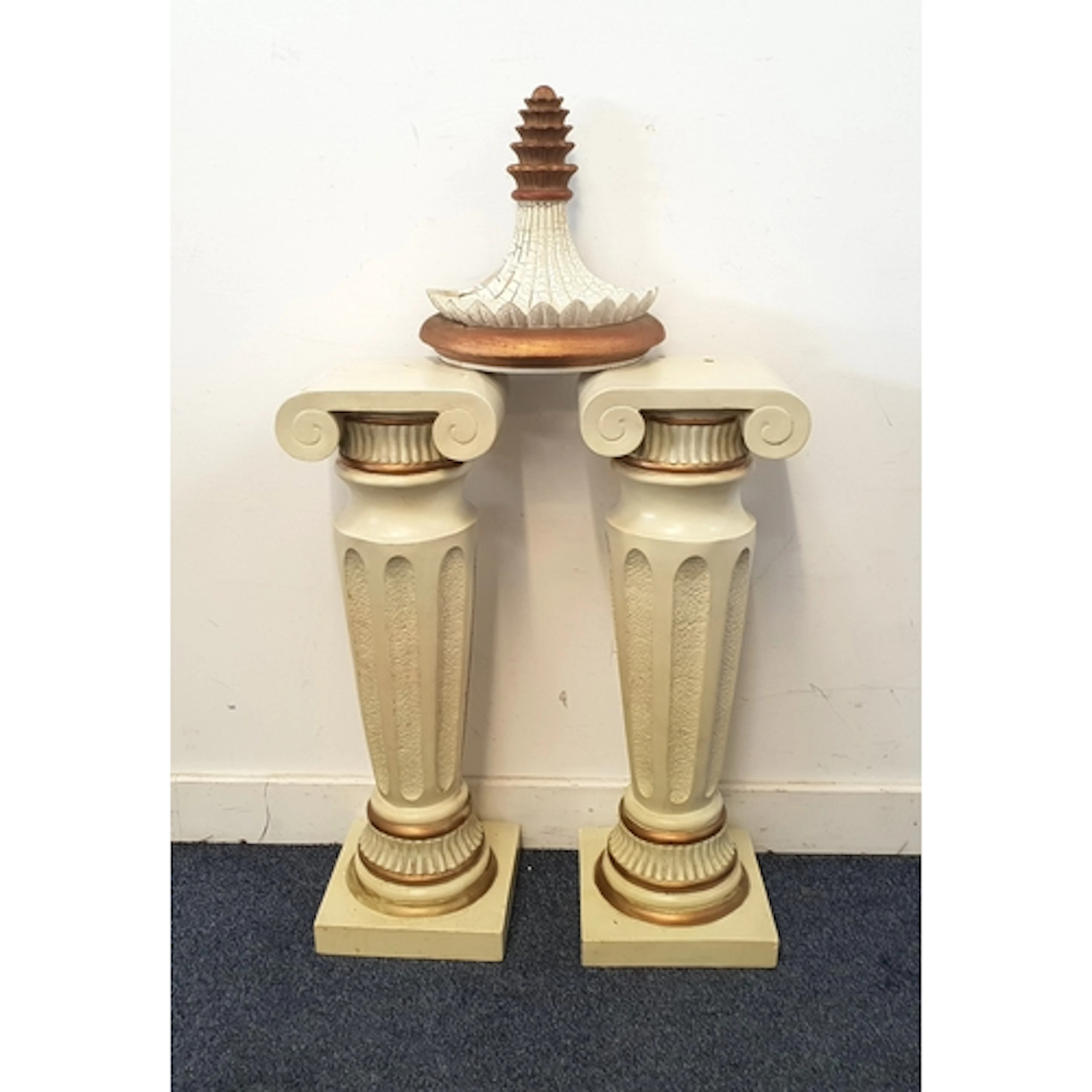 PAIR OF NEO-CLASSICAL STYLE CREAM AND GOLD IONIC COLUMN PLIN...