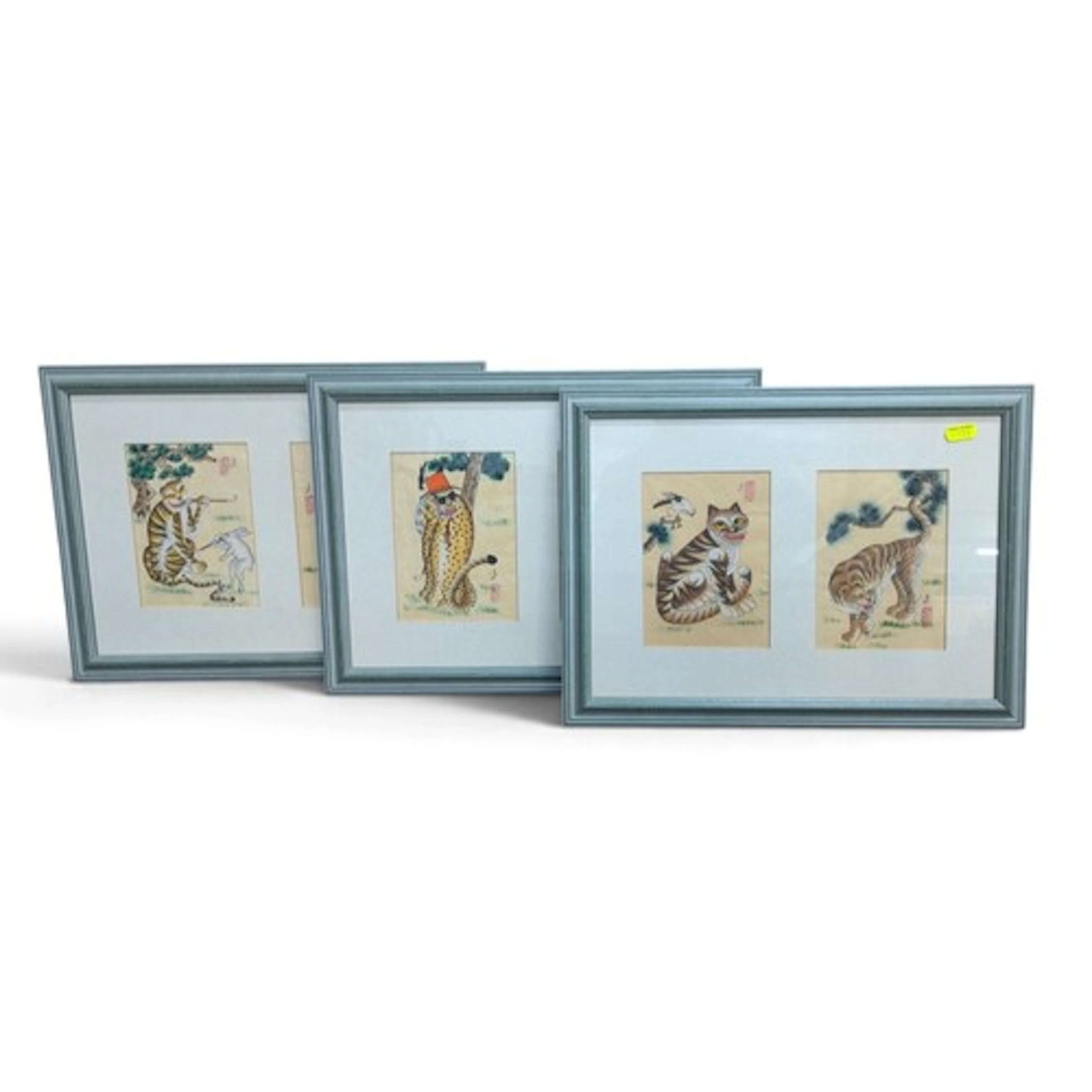 Six Korean folk art Minhwa stye paintings, framed as pairs a...