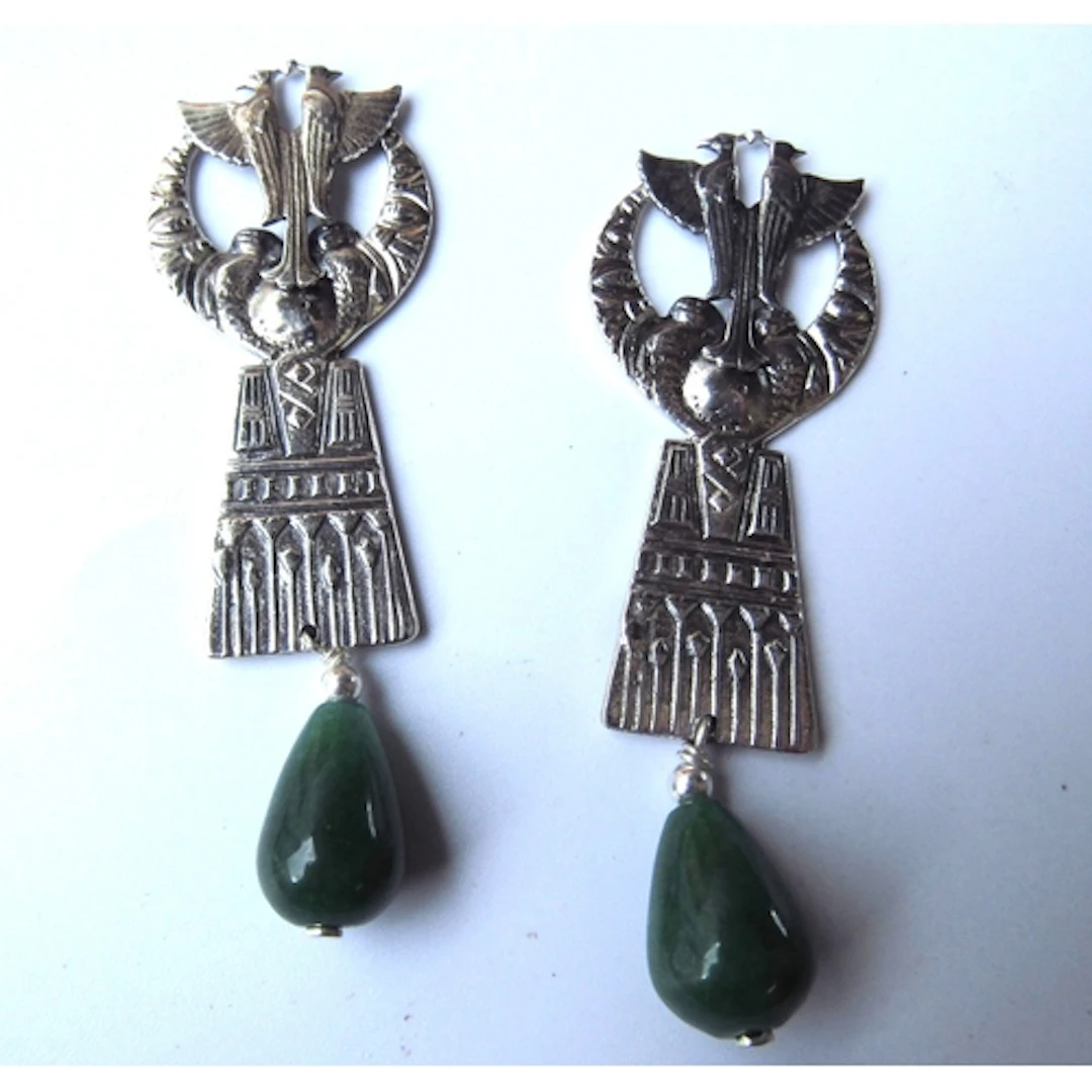 Pair of Egyptian Motif Jade Decorated Silver Earrings Each 4...