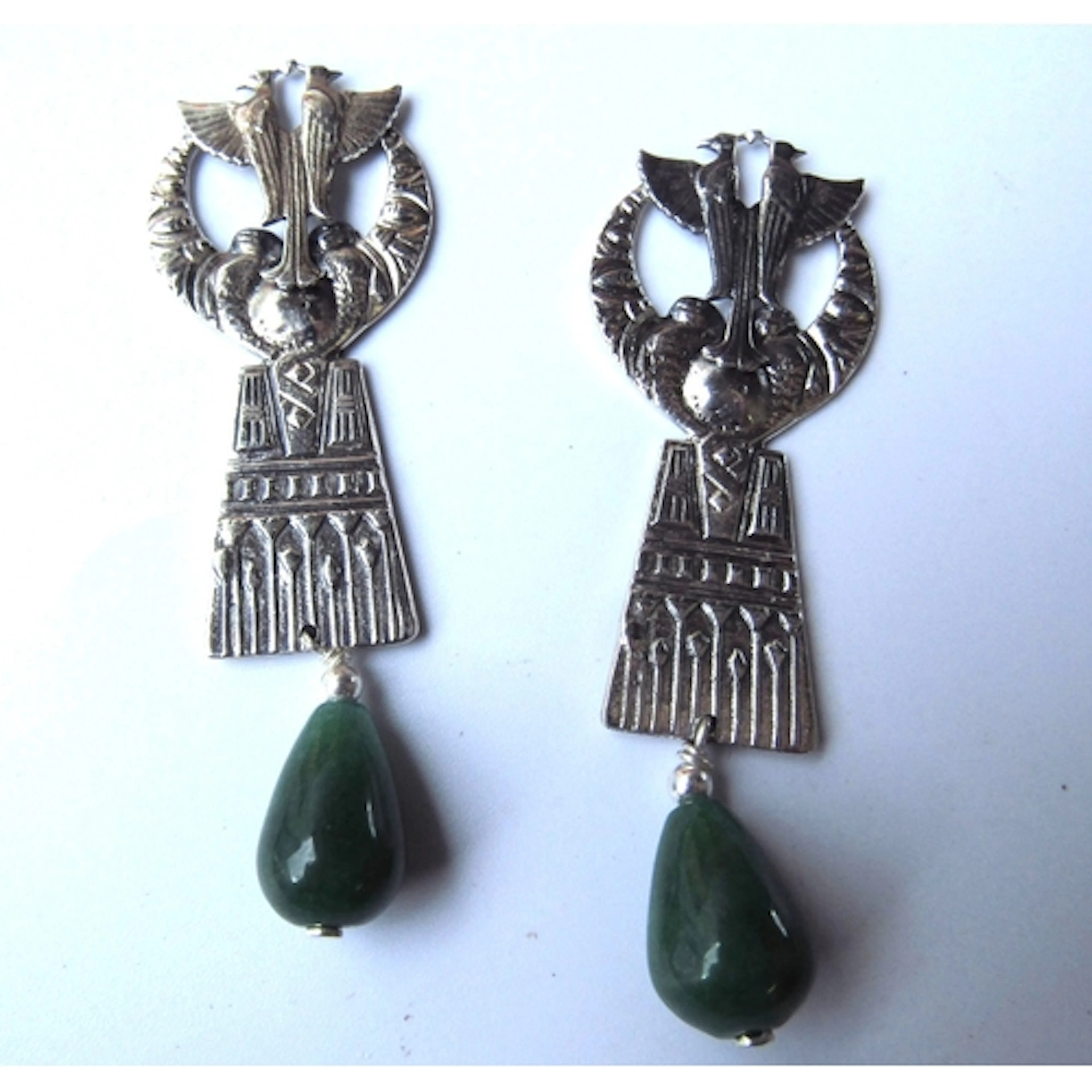 Pair of Egyptian Motif Jade Decorated Silver Earrings Each 4...