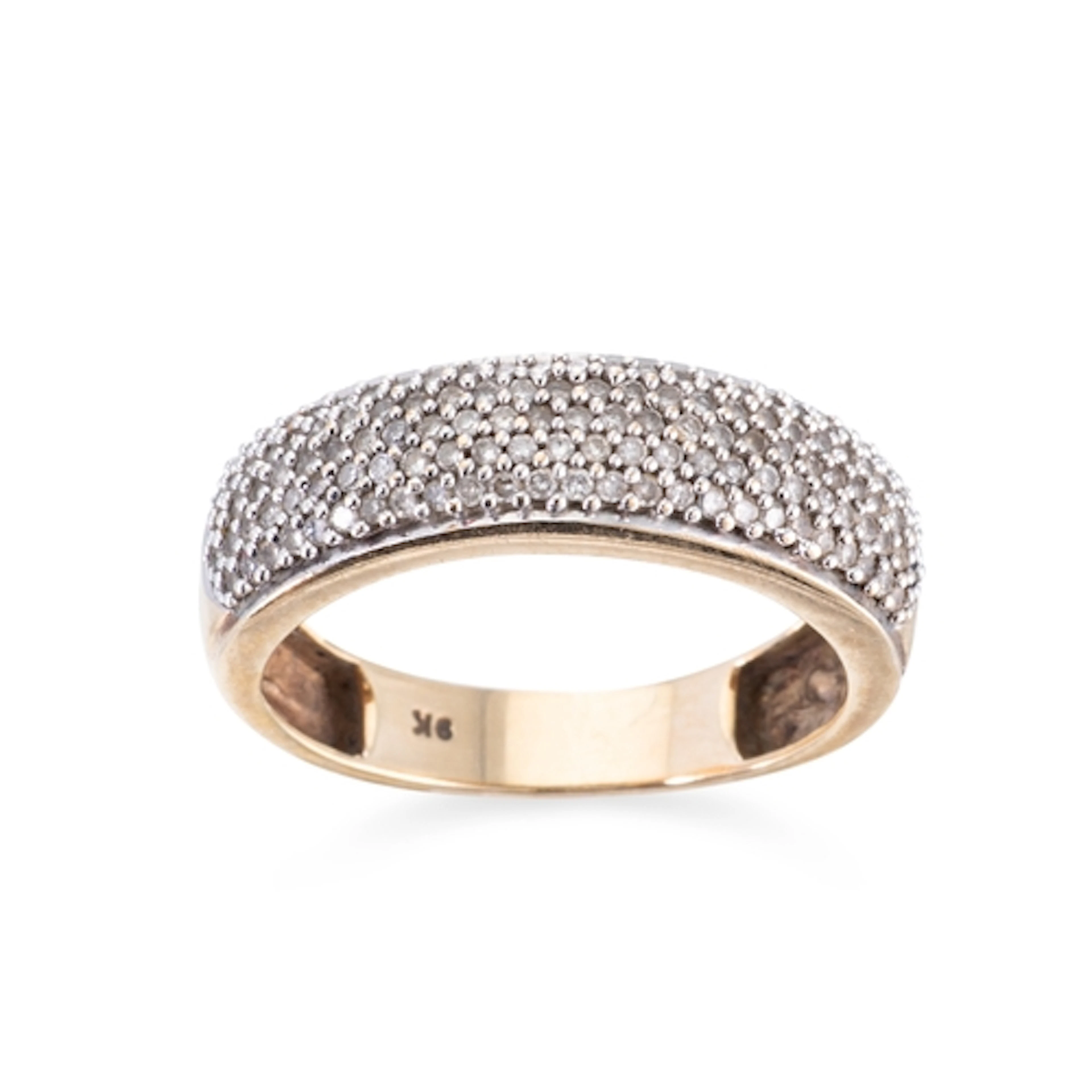 A DIAMOND BAND RING, the pavé set diamonds mounted in 9ct ye...