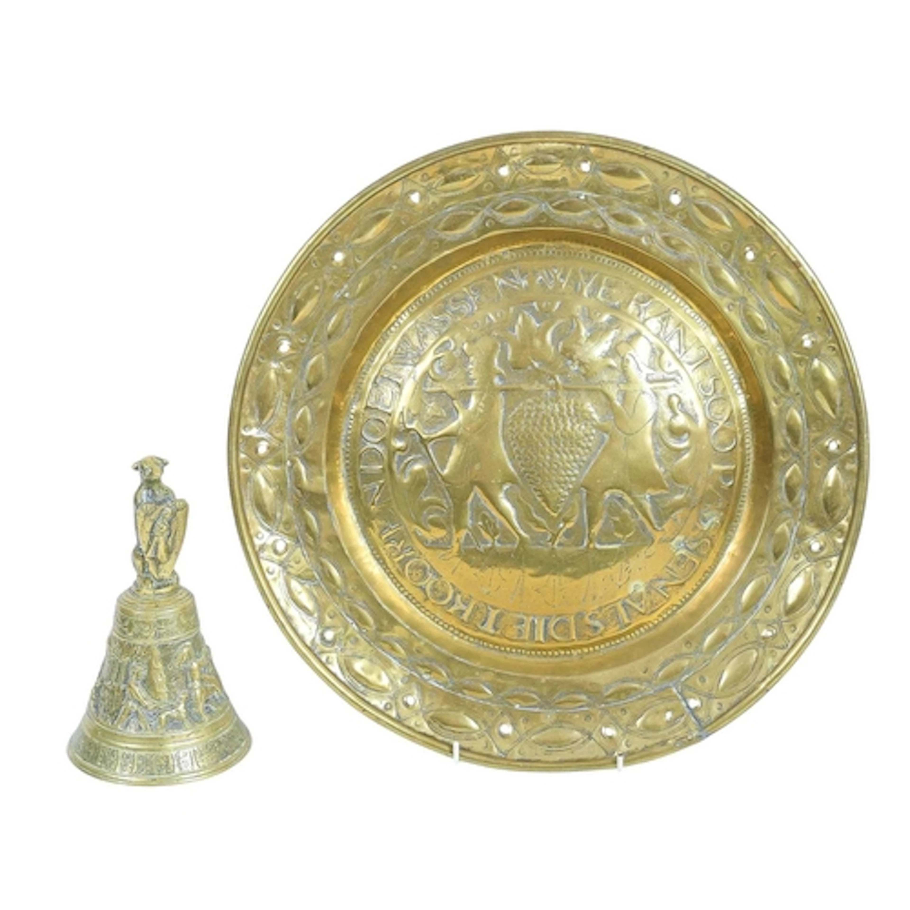 A 17th century brass alms dish. Probably Nuremberg, embossed...