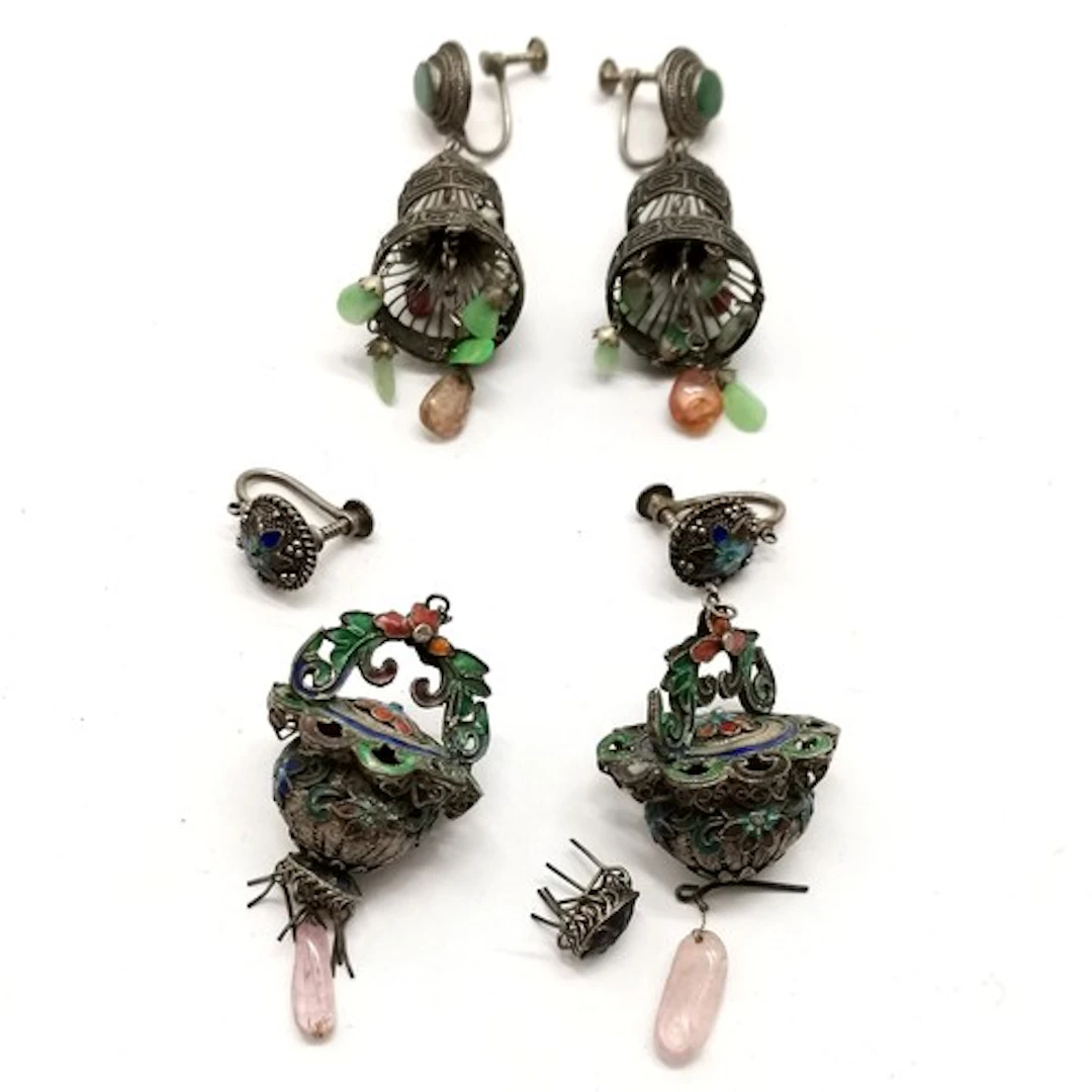 2 x Antique pairs of Chinese silver & enamel filigree screw ...
