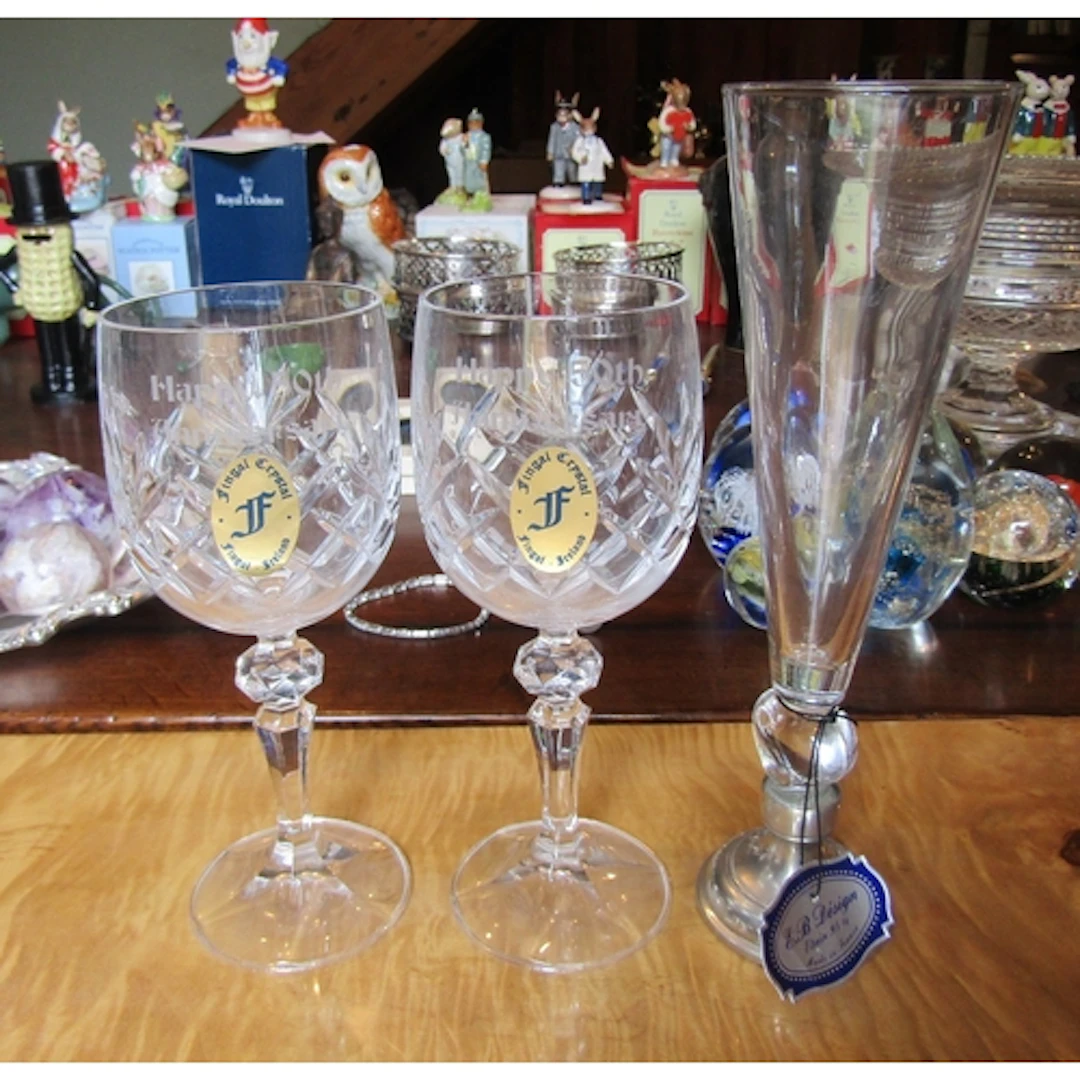 Pair of Fingal Crystal Pedestal Form Commemorative Glasses a...