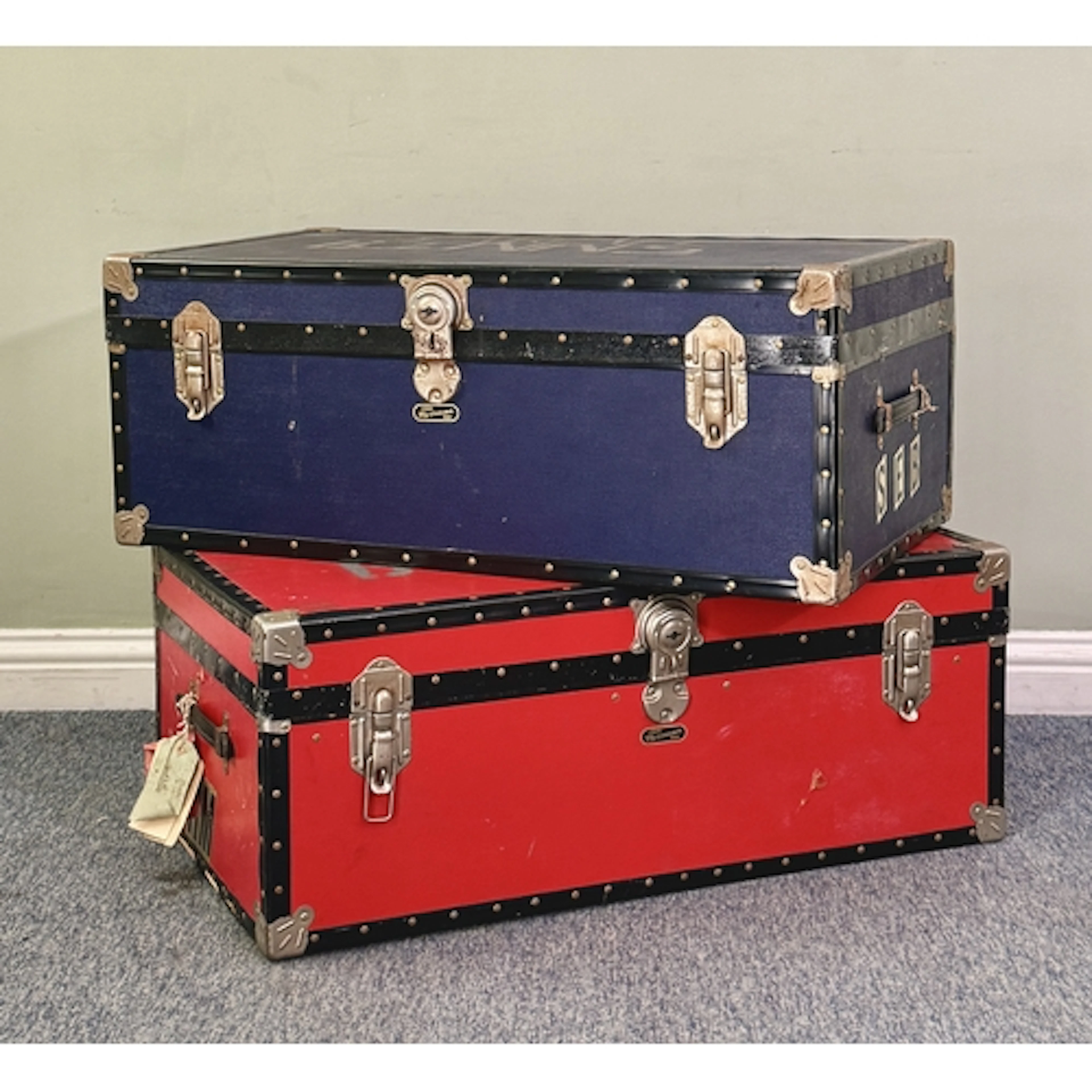A matched pair of vintage Mossman of London school trunks - ...