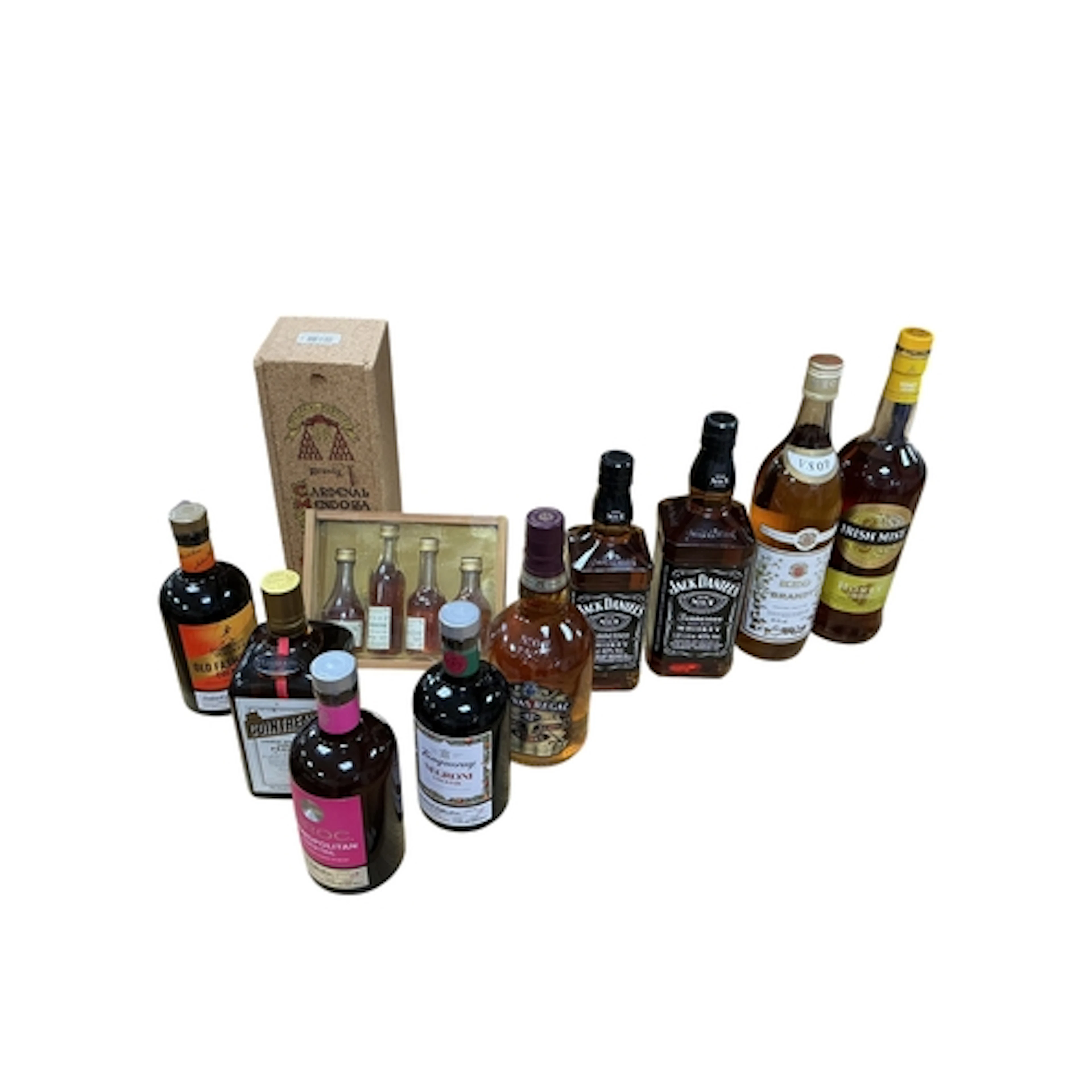 A bottle of Keo Old Pale Brandy, two bottles of Jack Daniel'...