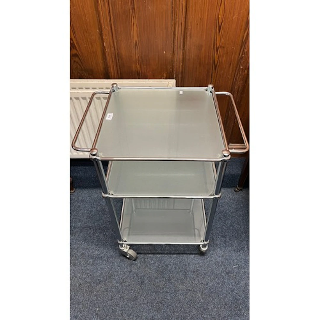 Vintage chrome and frosted glass drinks trolley.