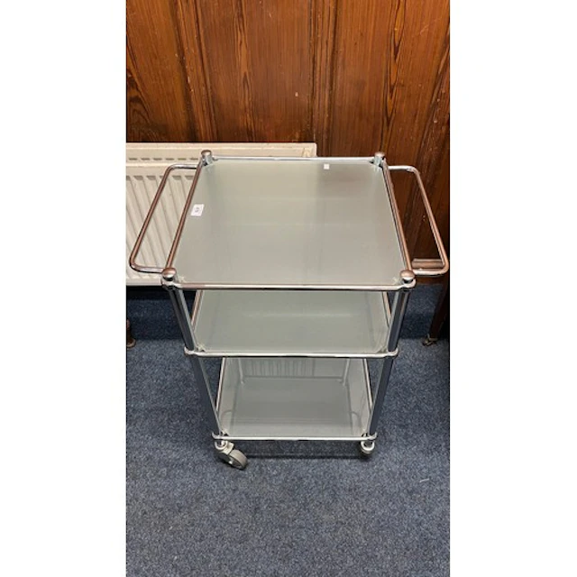 Vintage chrome and frosted glass drinks trolley.