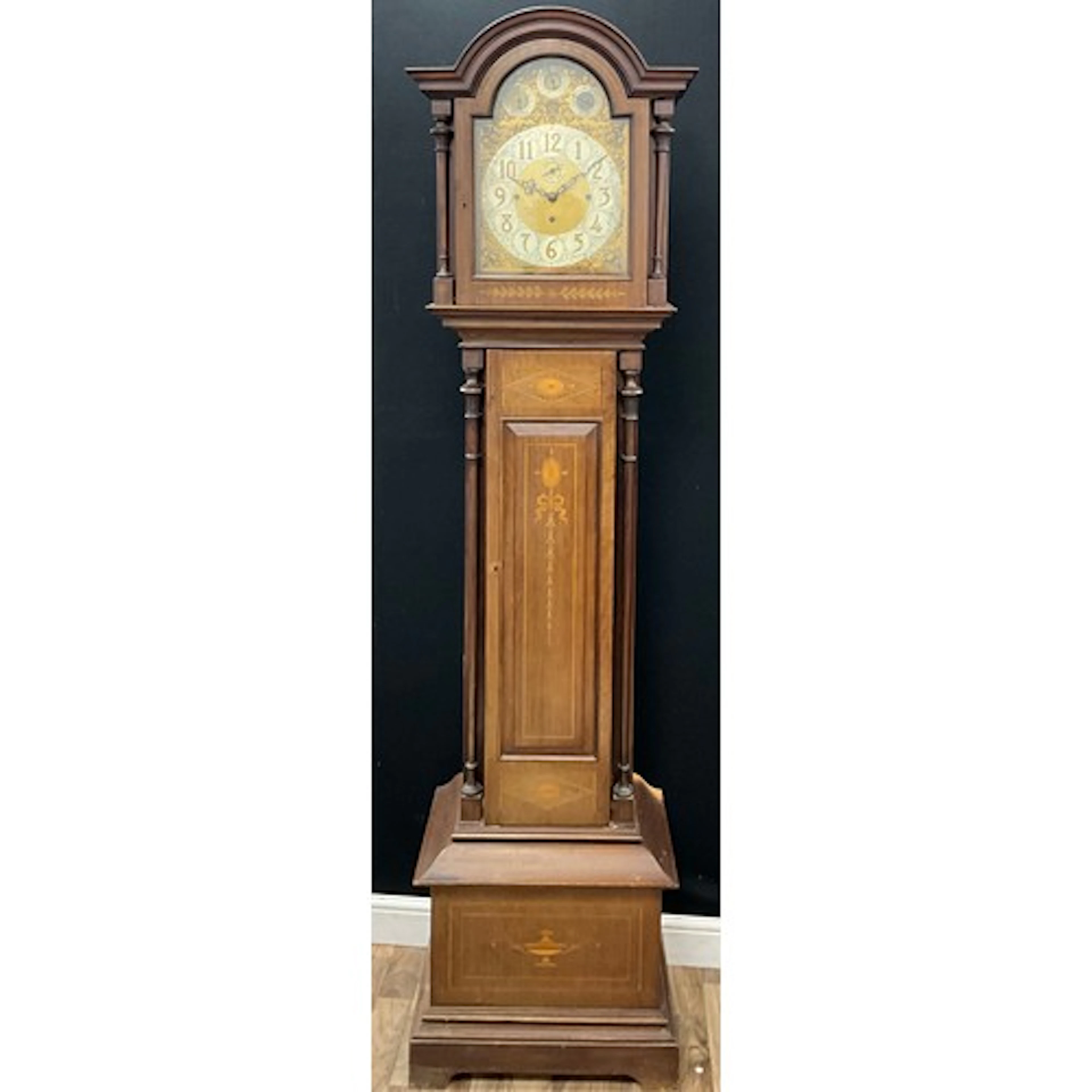 A Sheraton Revival mahogany and marquetry musical longcase c...