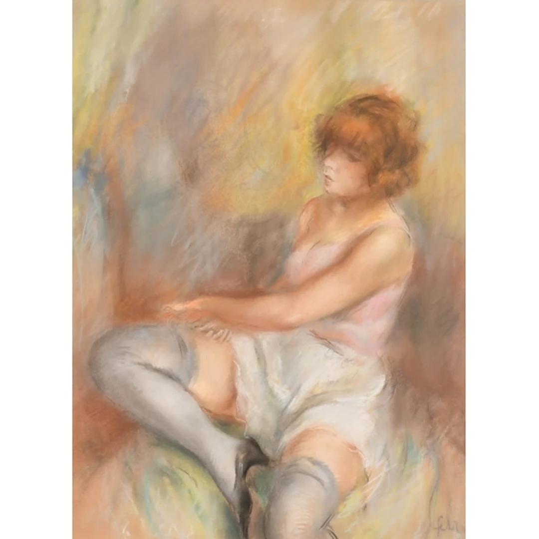 Henri Fehr (1890-1974) Swiss. Lady seated on a Bed, Pastel, ...