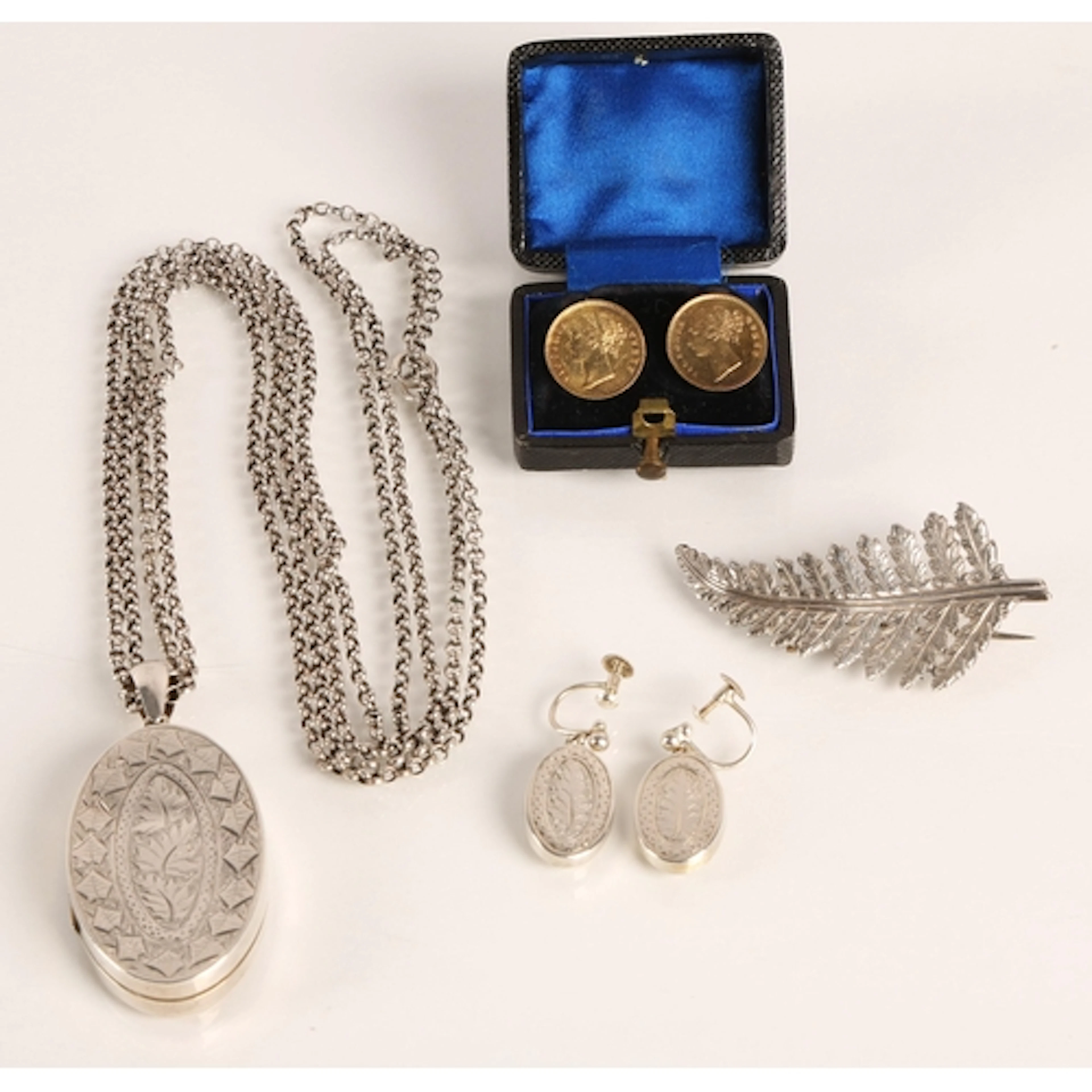 Silver jewellery to include locket on watch chain, pair of e...