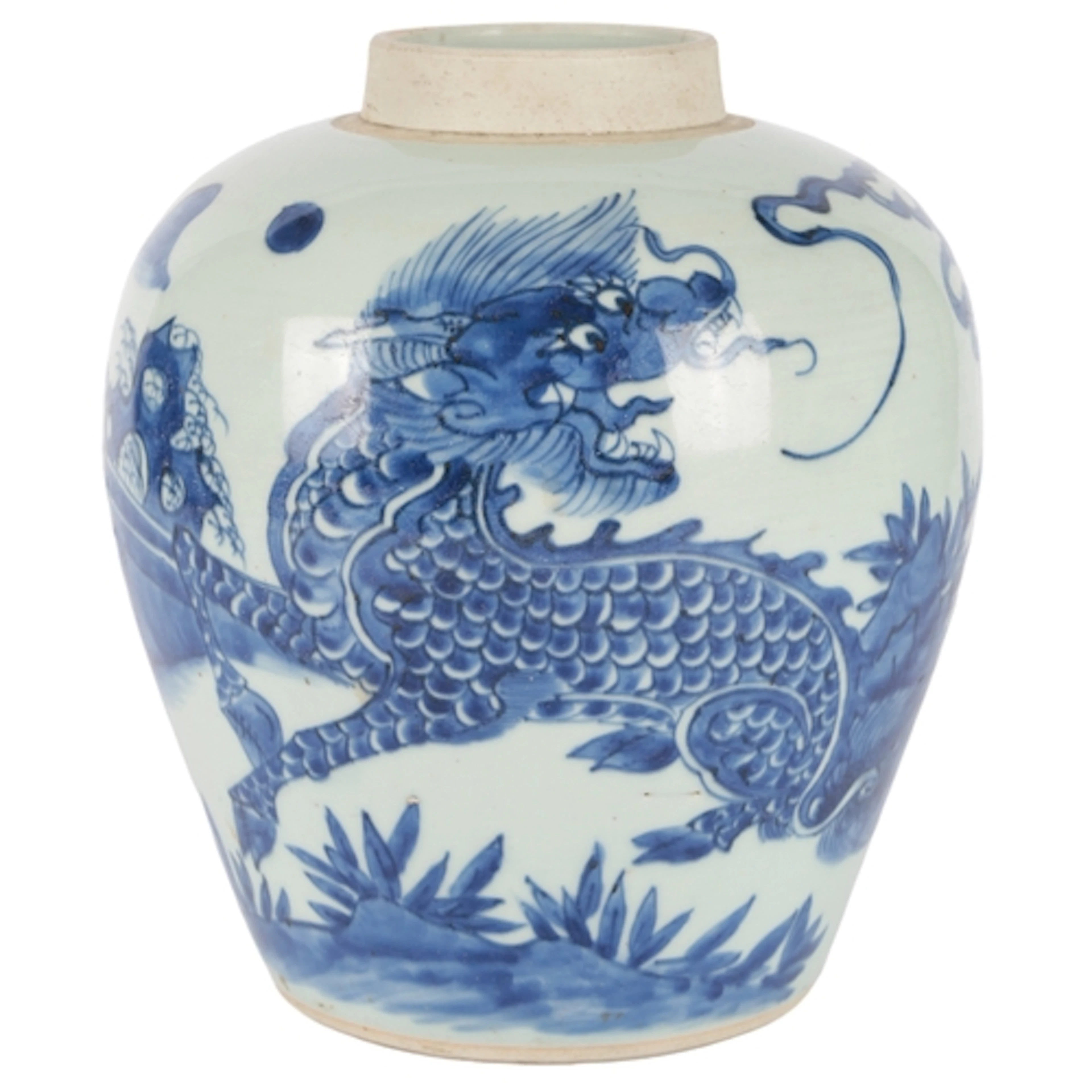 A Chinese blue and white 'qilin' ovoid jar, Transitional, Sh...
