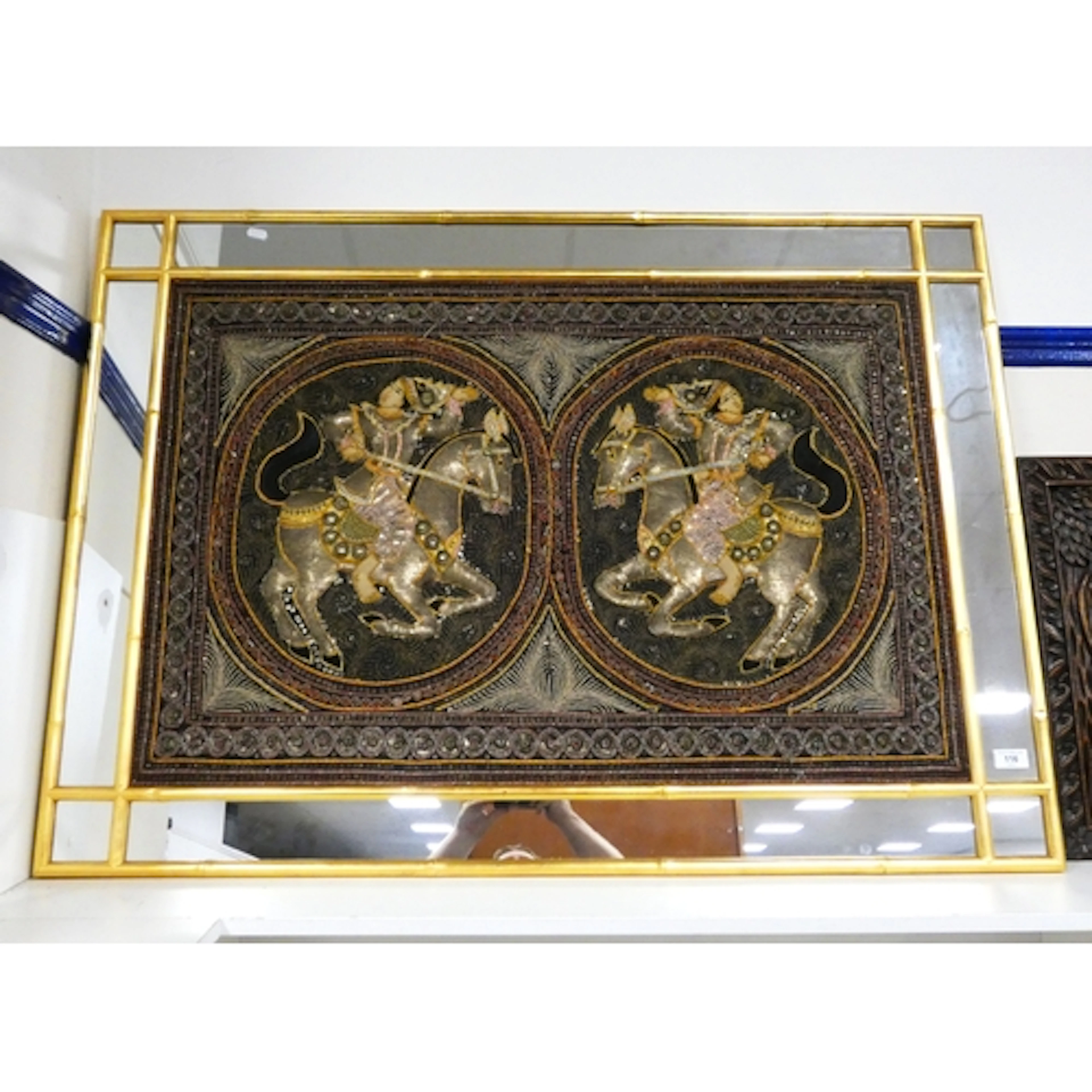 Burmese Kalaga tapestry depicting figures on horseback, fixe...