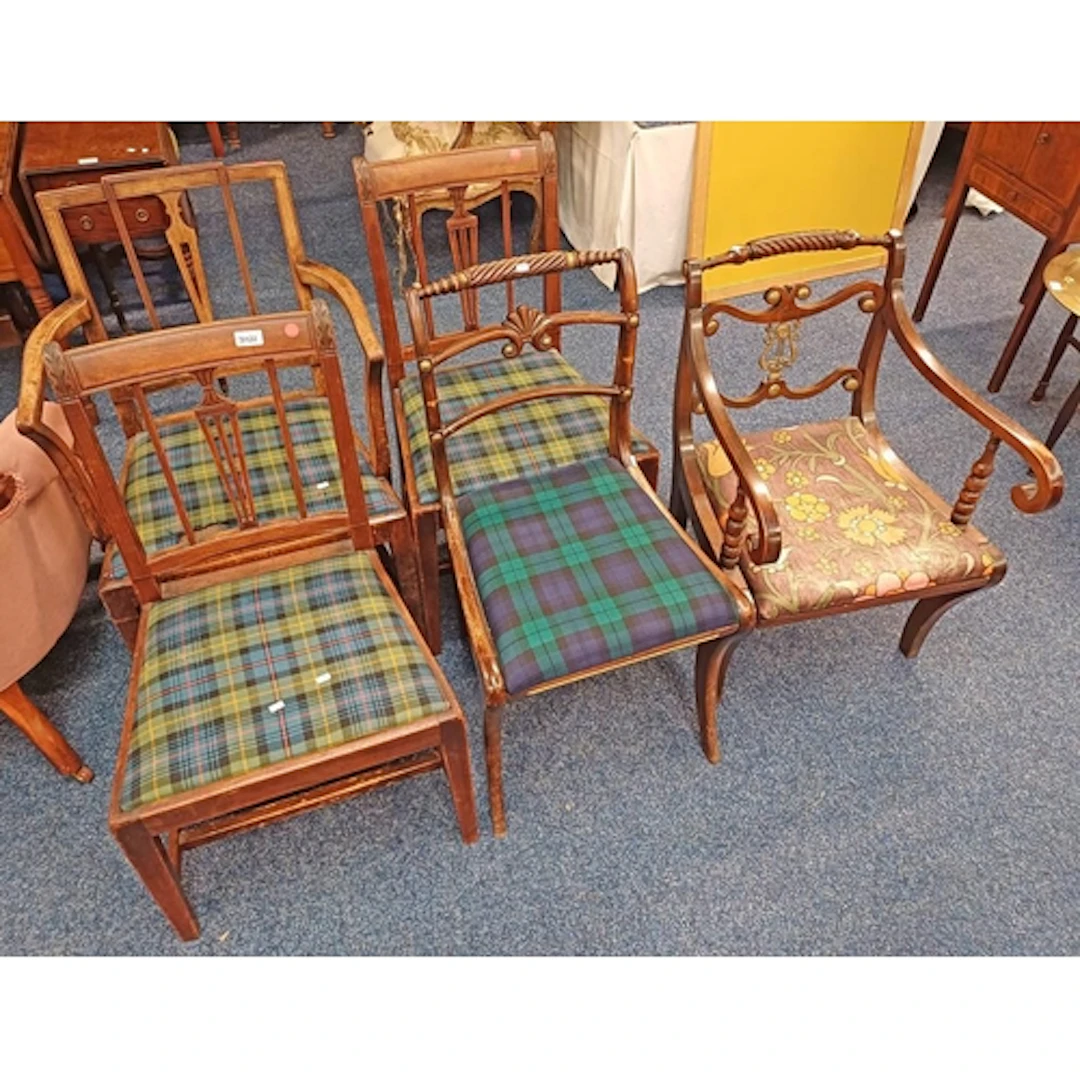 2 MAHOGANY CHAIRS WITH DECORATIVE BELTED BACKS & BRASS FITTI...