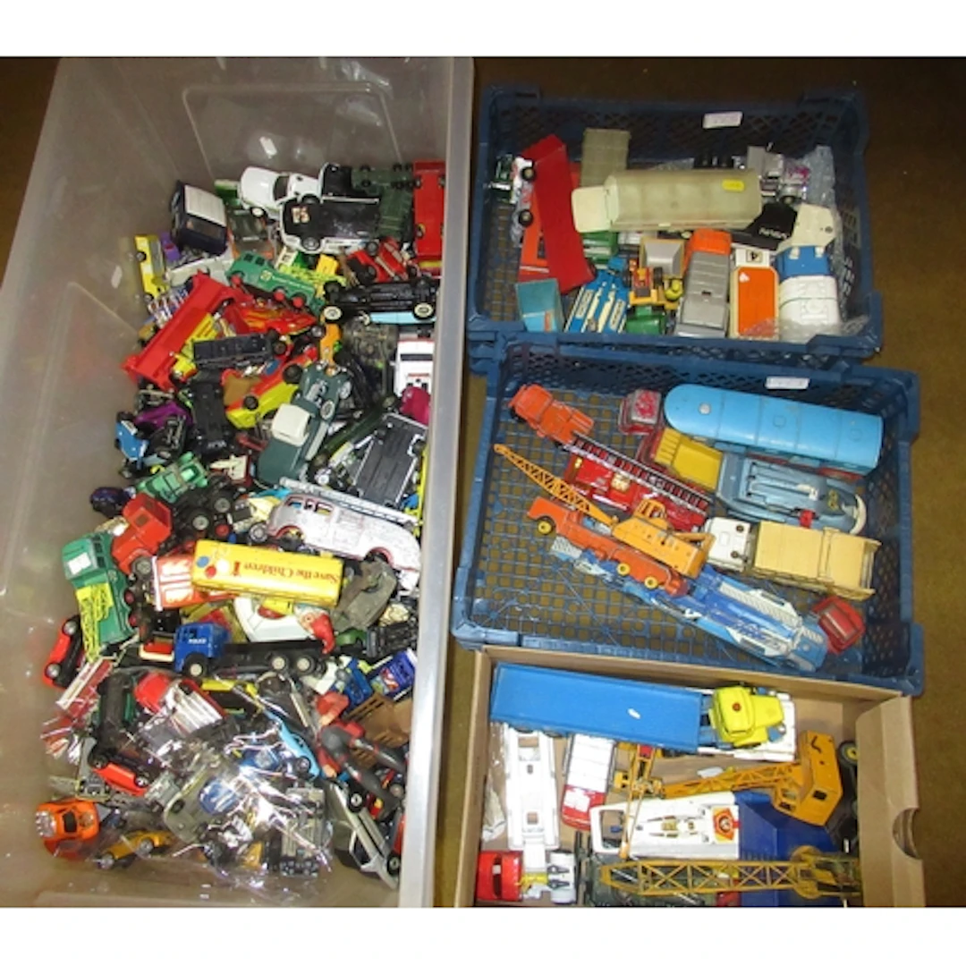 Four boxes containing miscellaneous play worn diecast model ...