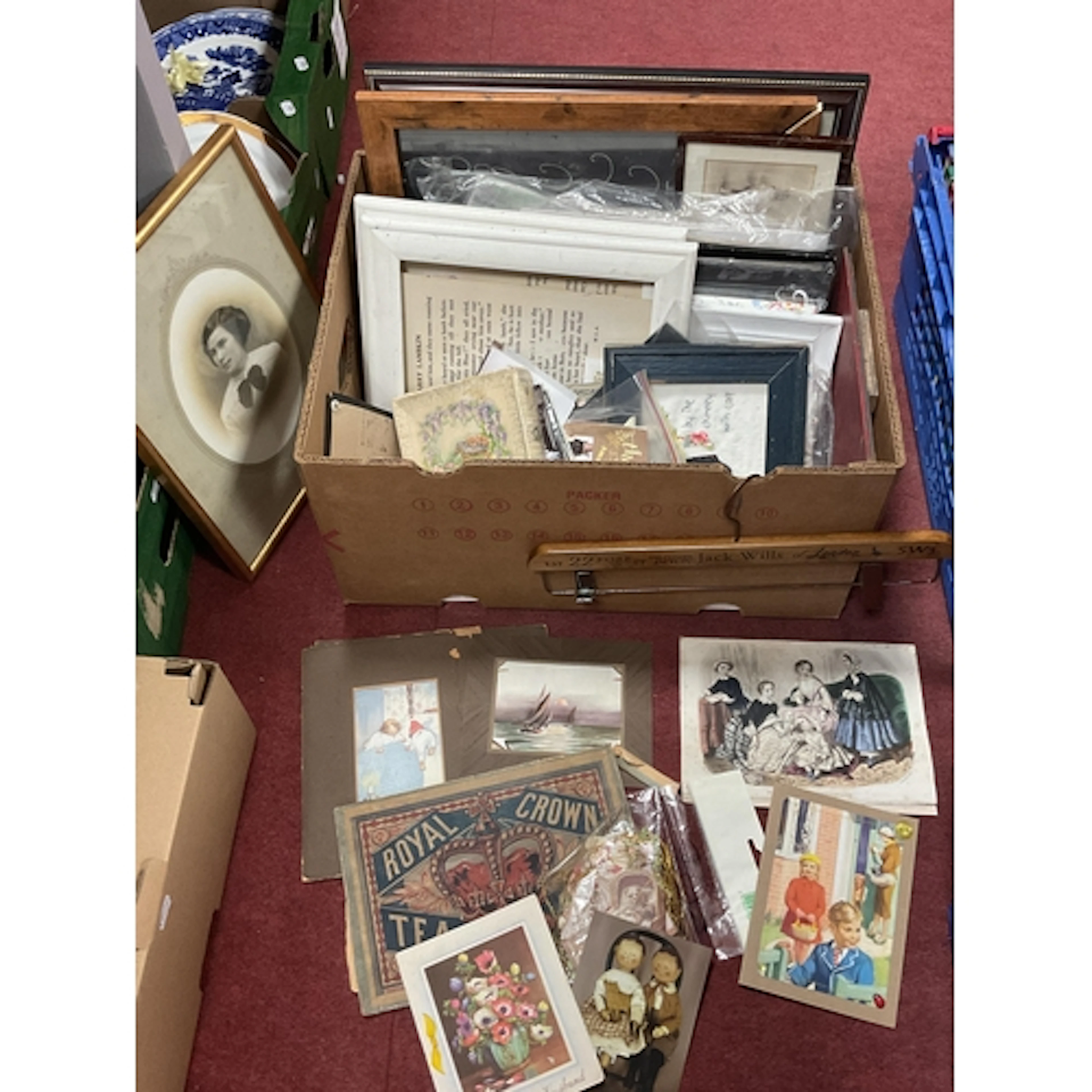 Sampler, picture/photograph frames. Advertising coat hanger,...