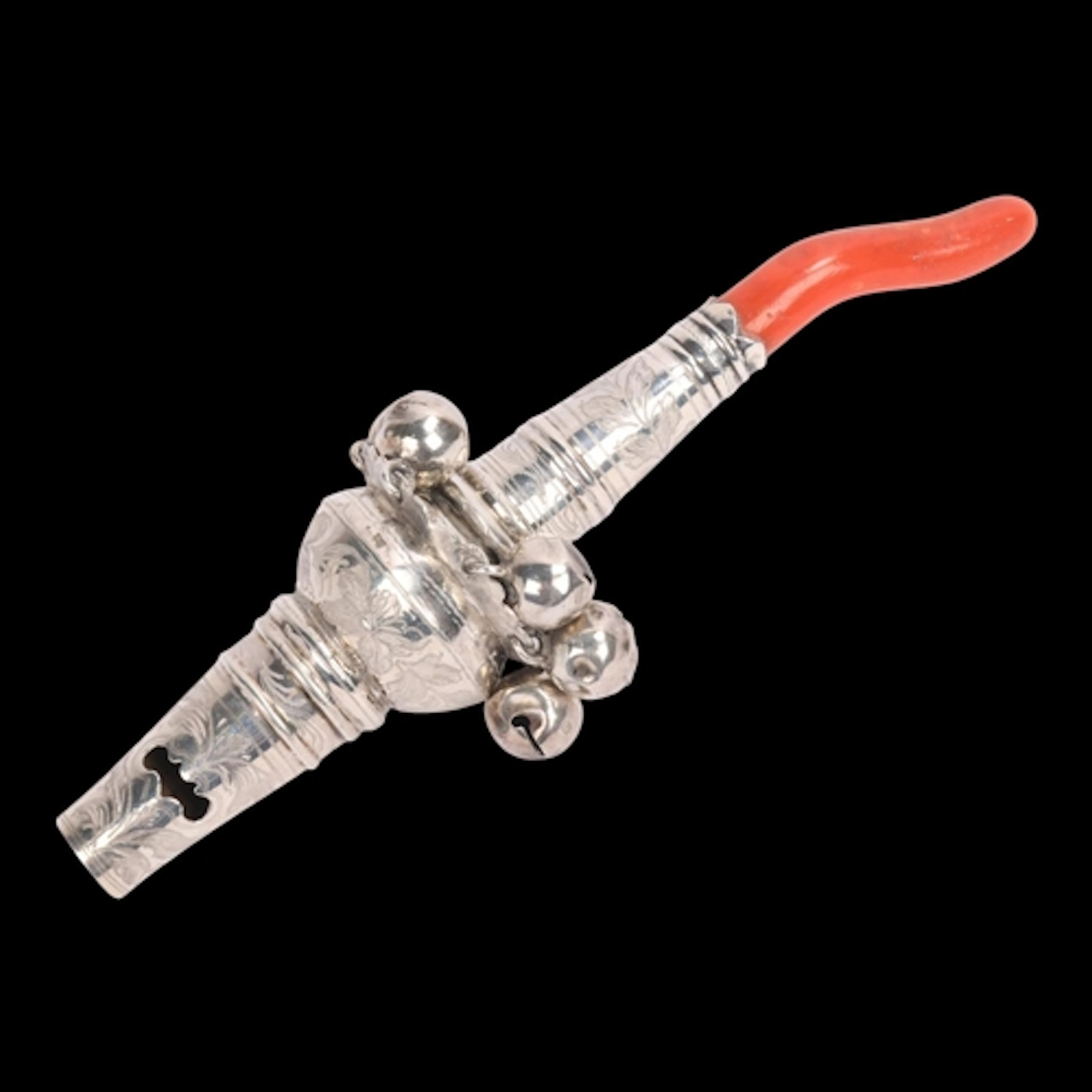 A Victorian silver baby's rattle and whistle, maker JP, Lond...