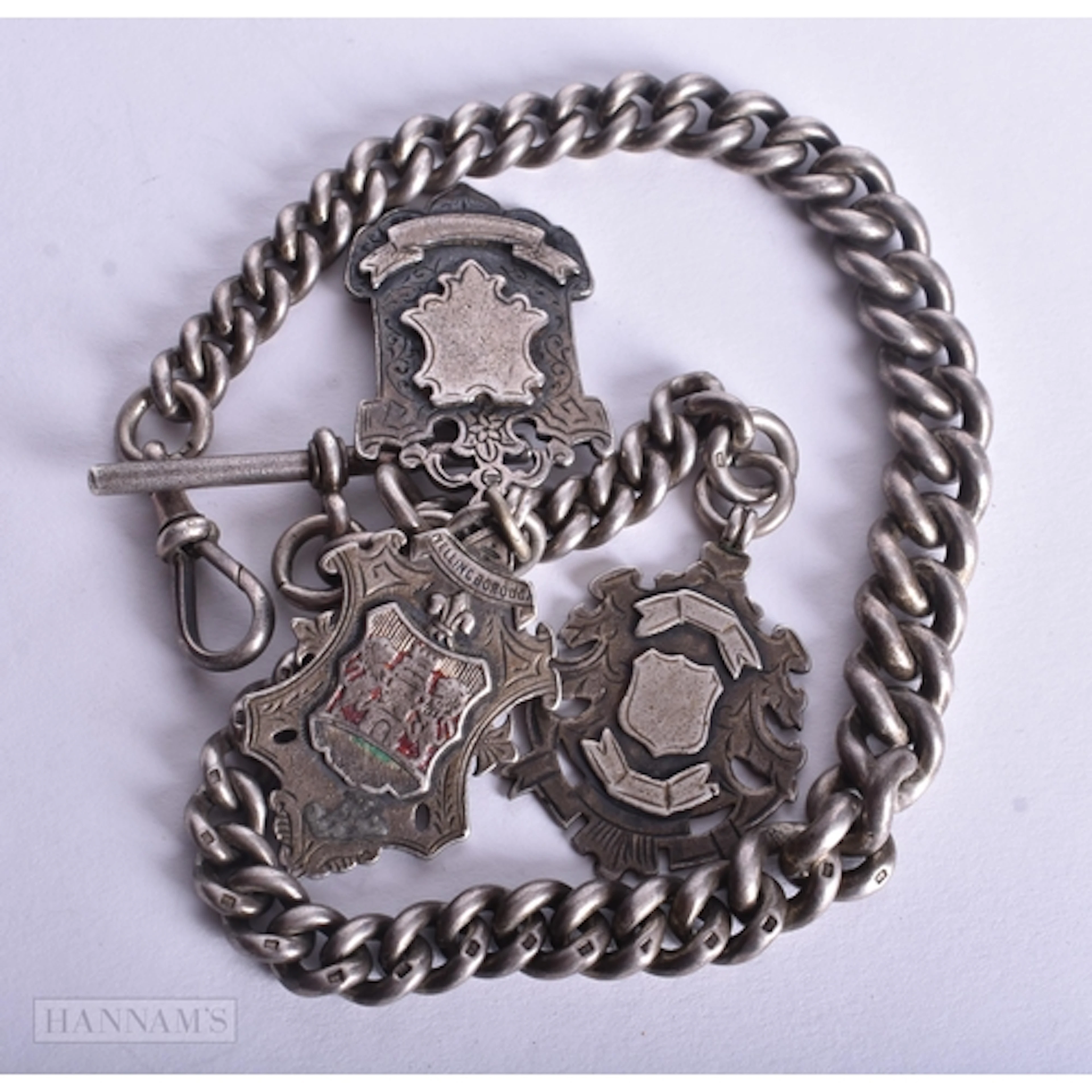 Antique Sterling Silver Watch Chain w/ Fobs (124g). 37 cm lo...