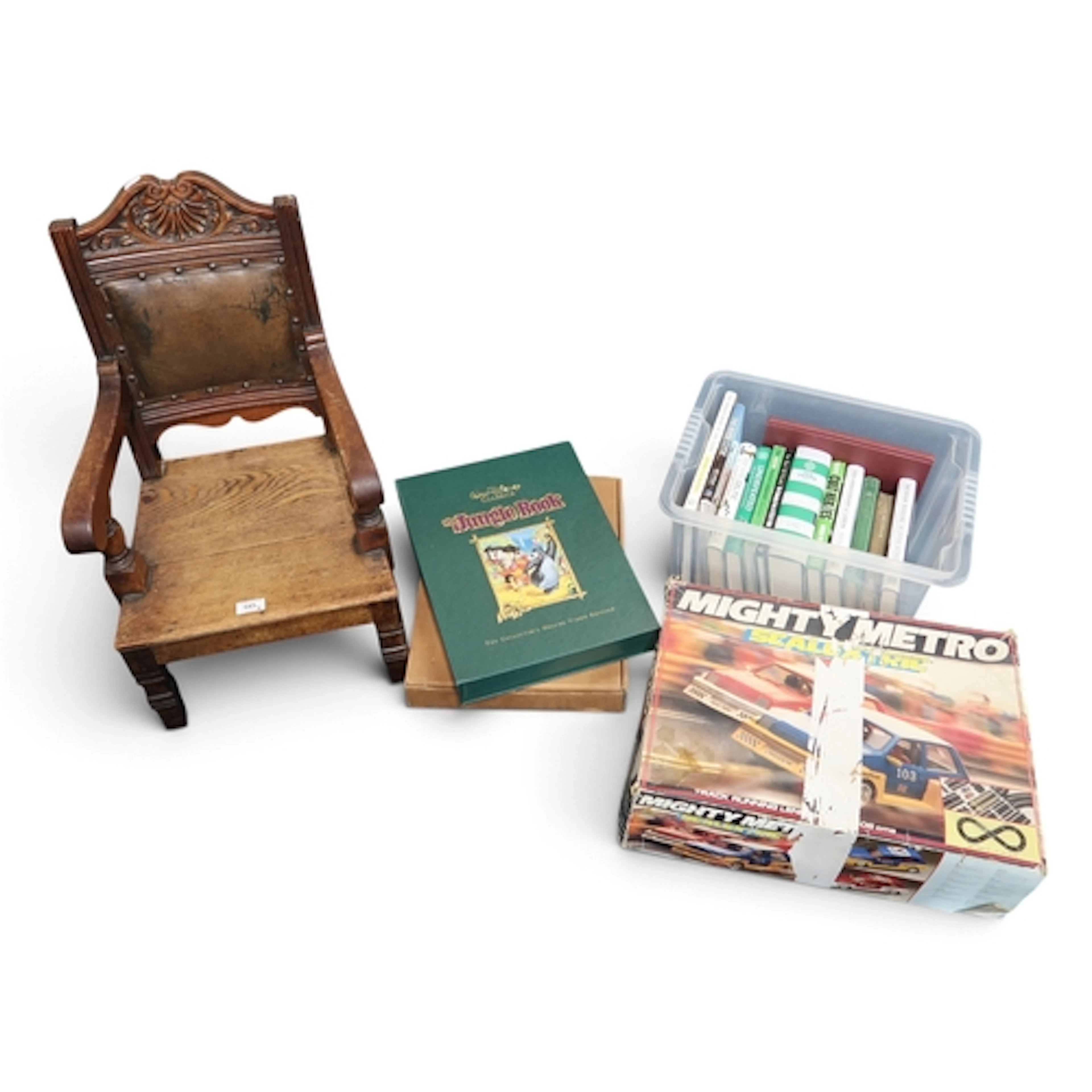 A lot comprising a Rexine-upholstered oak child's chair, an ...