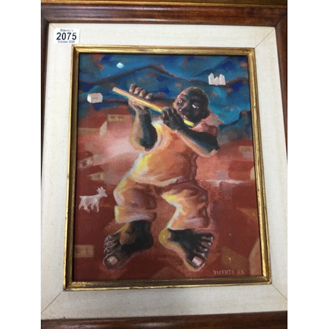 Framed oil on canvas depicting a figure playing the flute, s...
