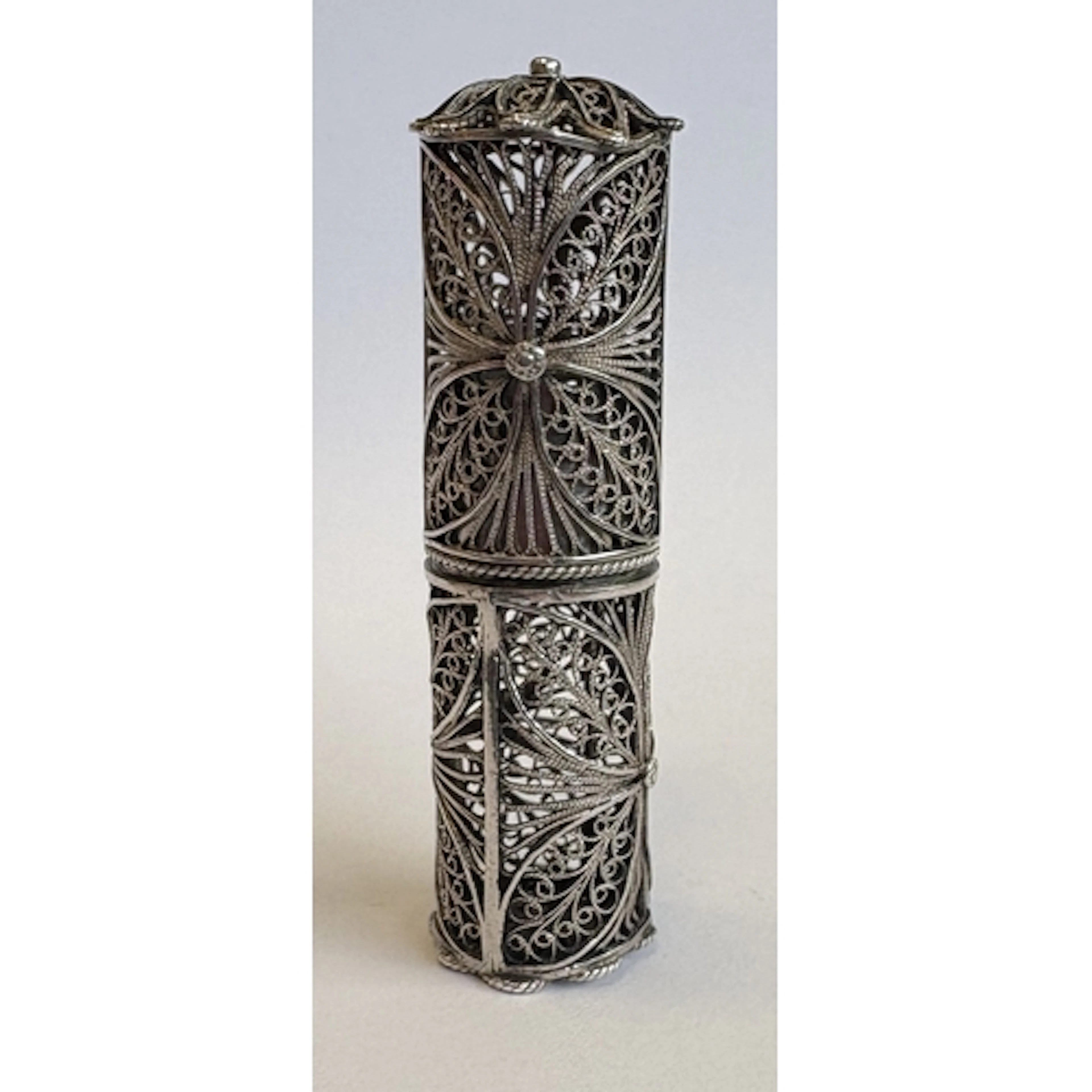 A Georgian filigree silver needle case with lift-off cover. ...