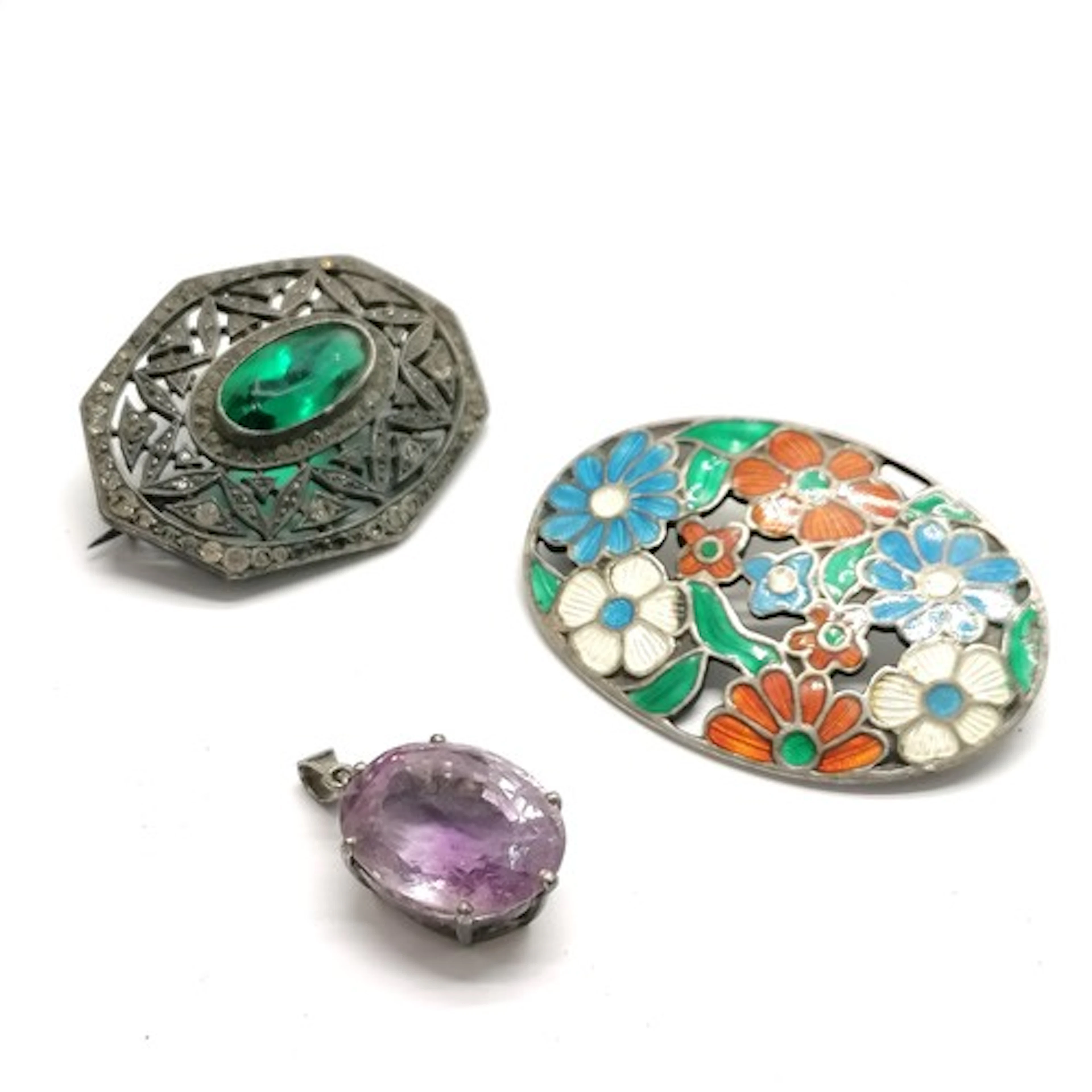 Silver amethyst pendant + 2 brooches 4.5cm enamel by A H Dar...