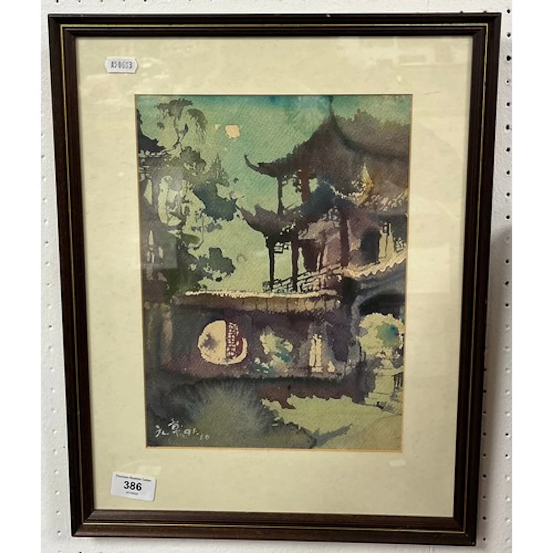 Oriental temple, Print, signed lower left, 31cm by 22cm....