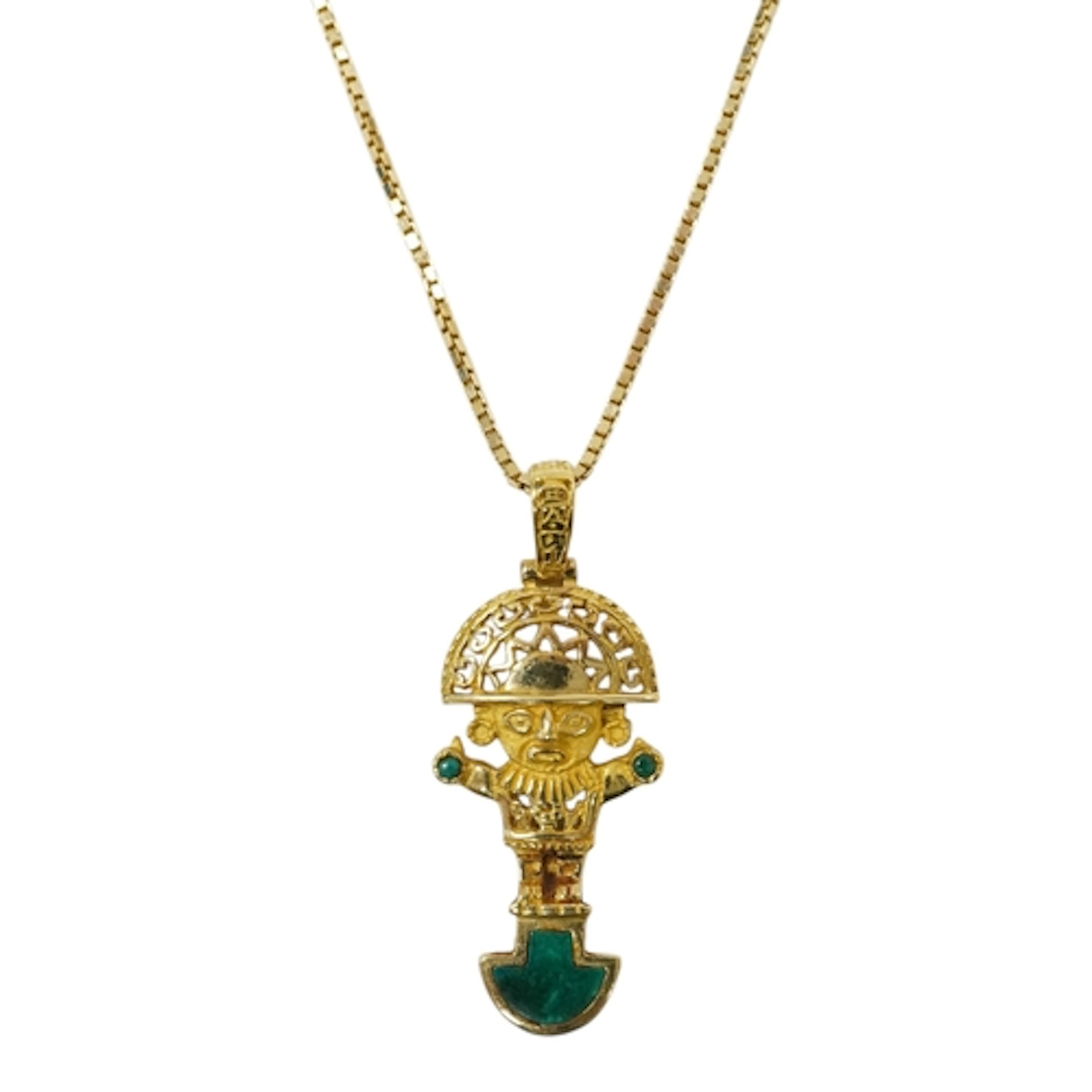 An recent 18k and malachite set Aztec style pendant, overall...