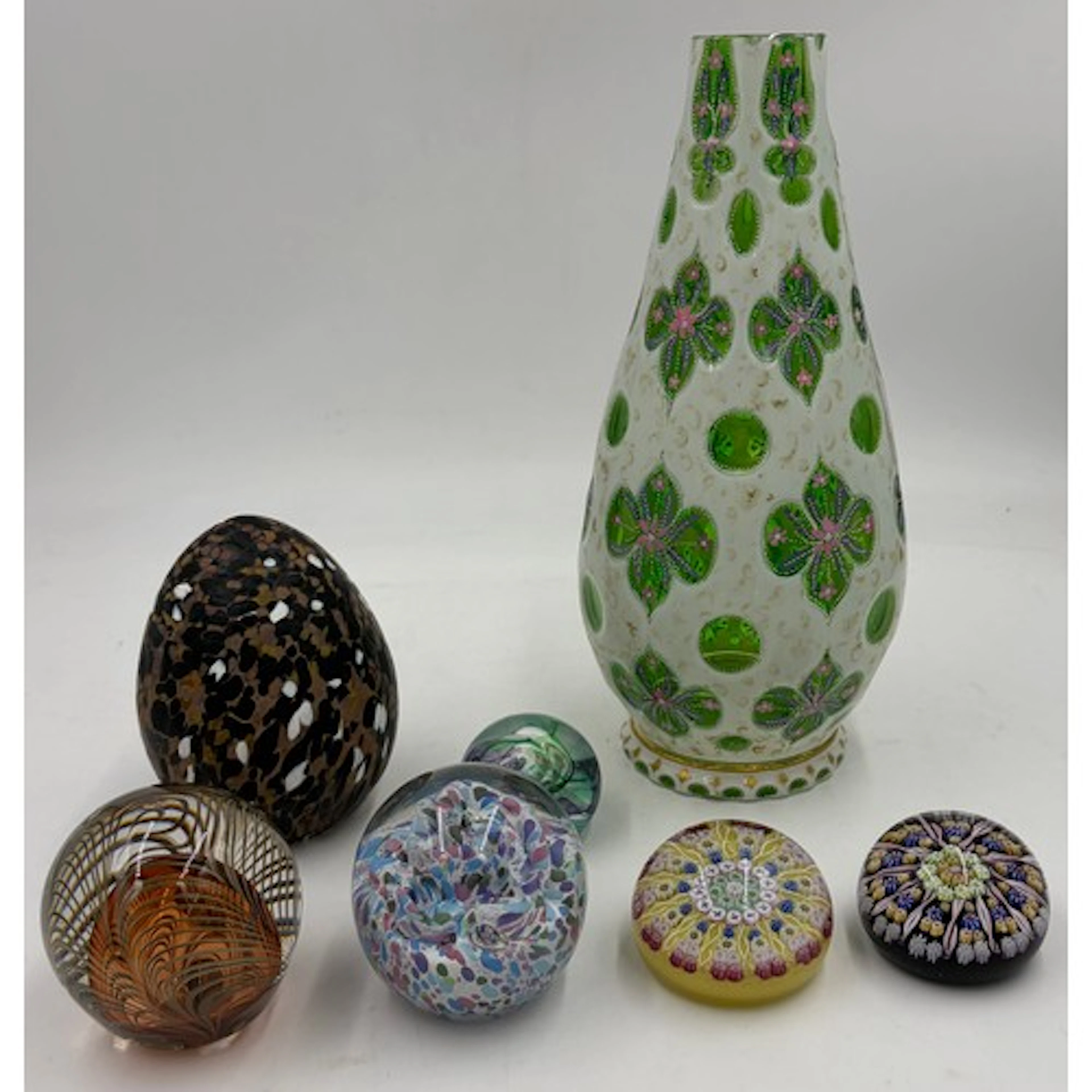 Victorian Bohemian white opaline and green overlay glass vas...